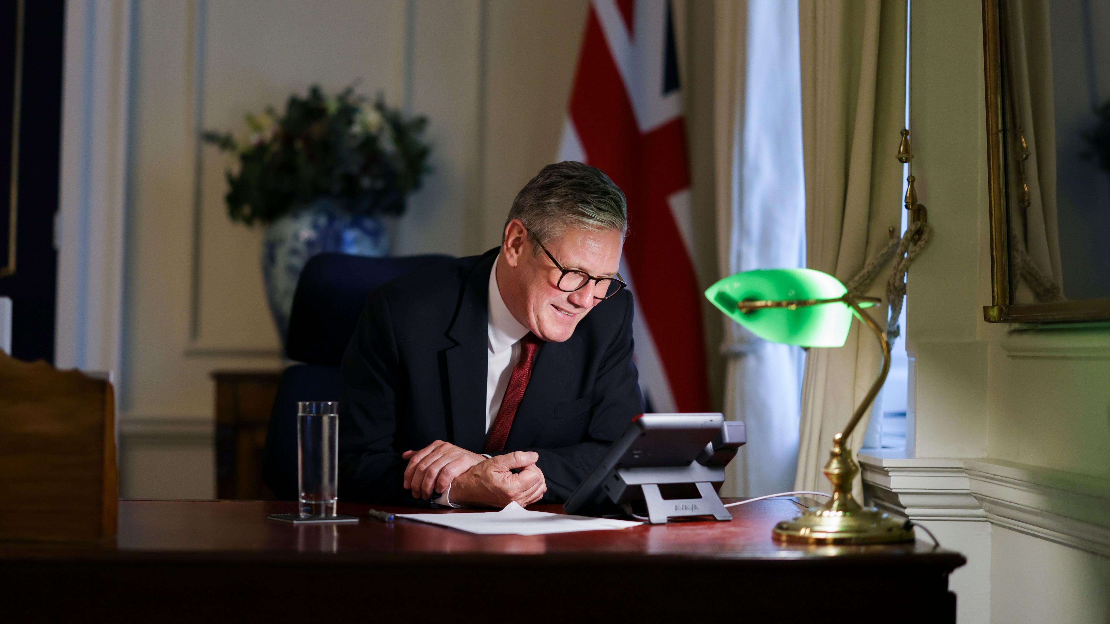 Keir Starmer during a phone call with President Joe Biden, inside Number Ten Downing Street: 05/07/2024.