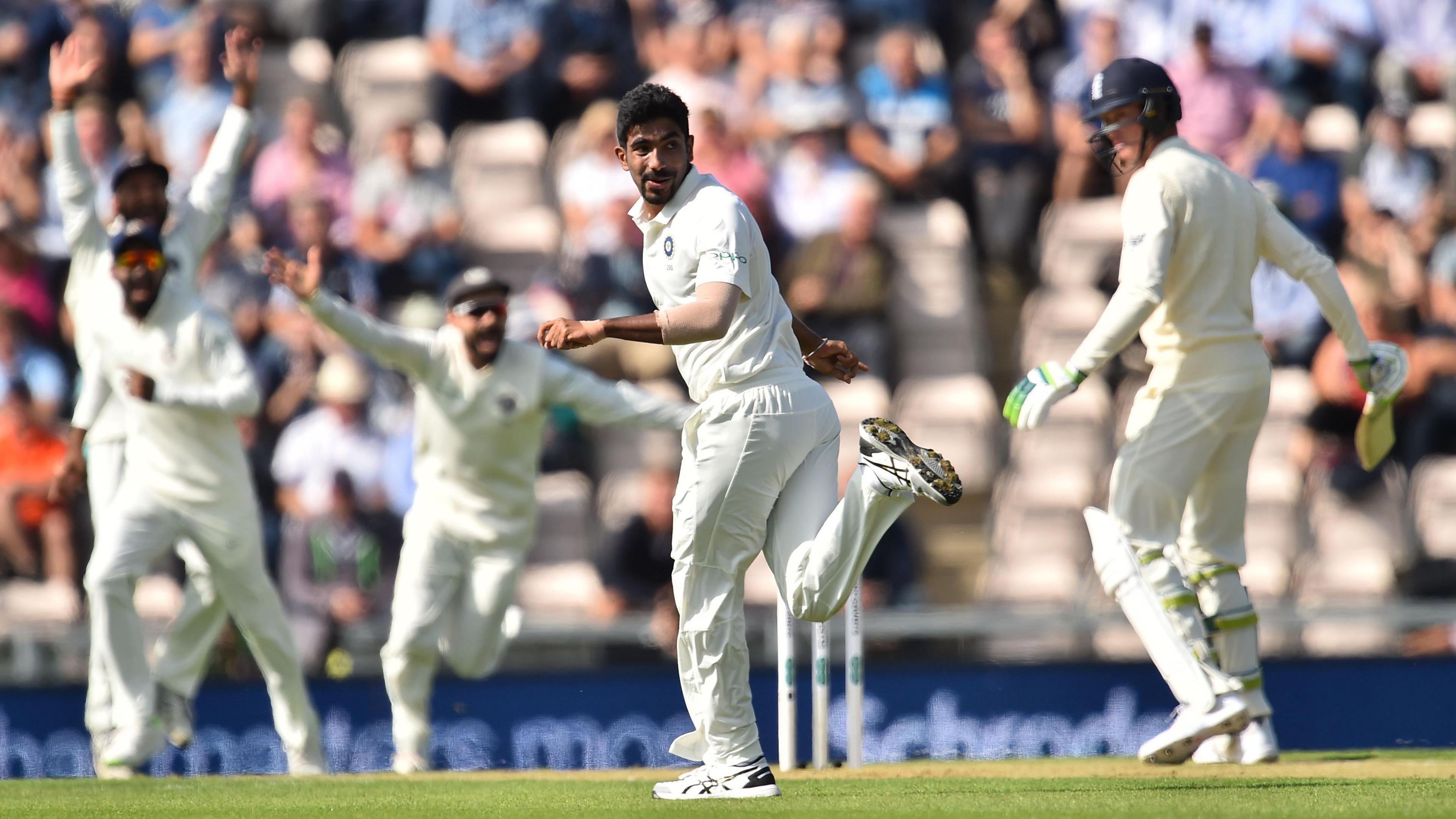 Jasprit Bumrah appeals for lbw against Keaton Jennings