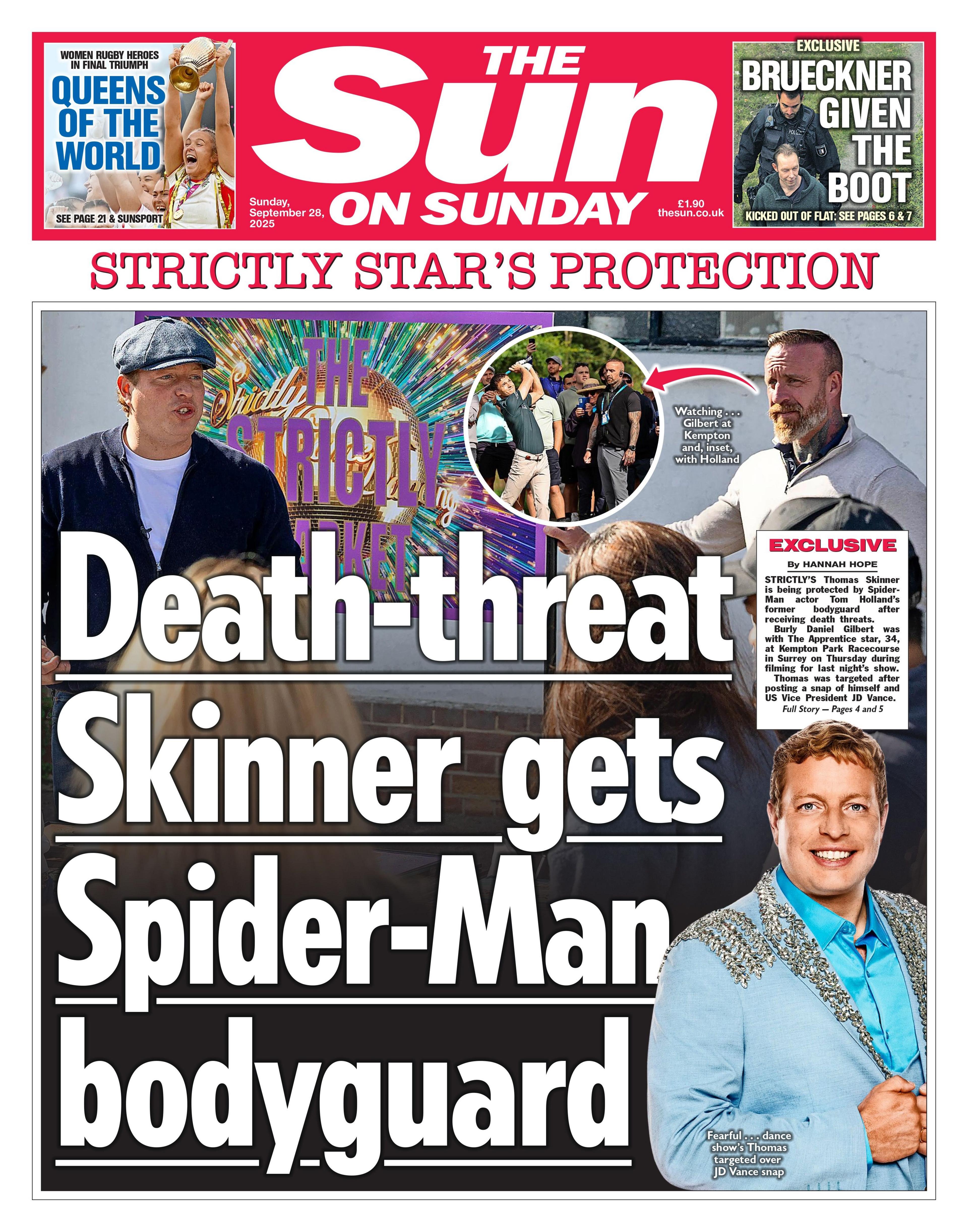 The headline on the front page of the Sun reads: "Death-threat Skinner gets Spider-Man bodyguard".