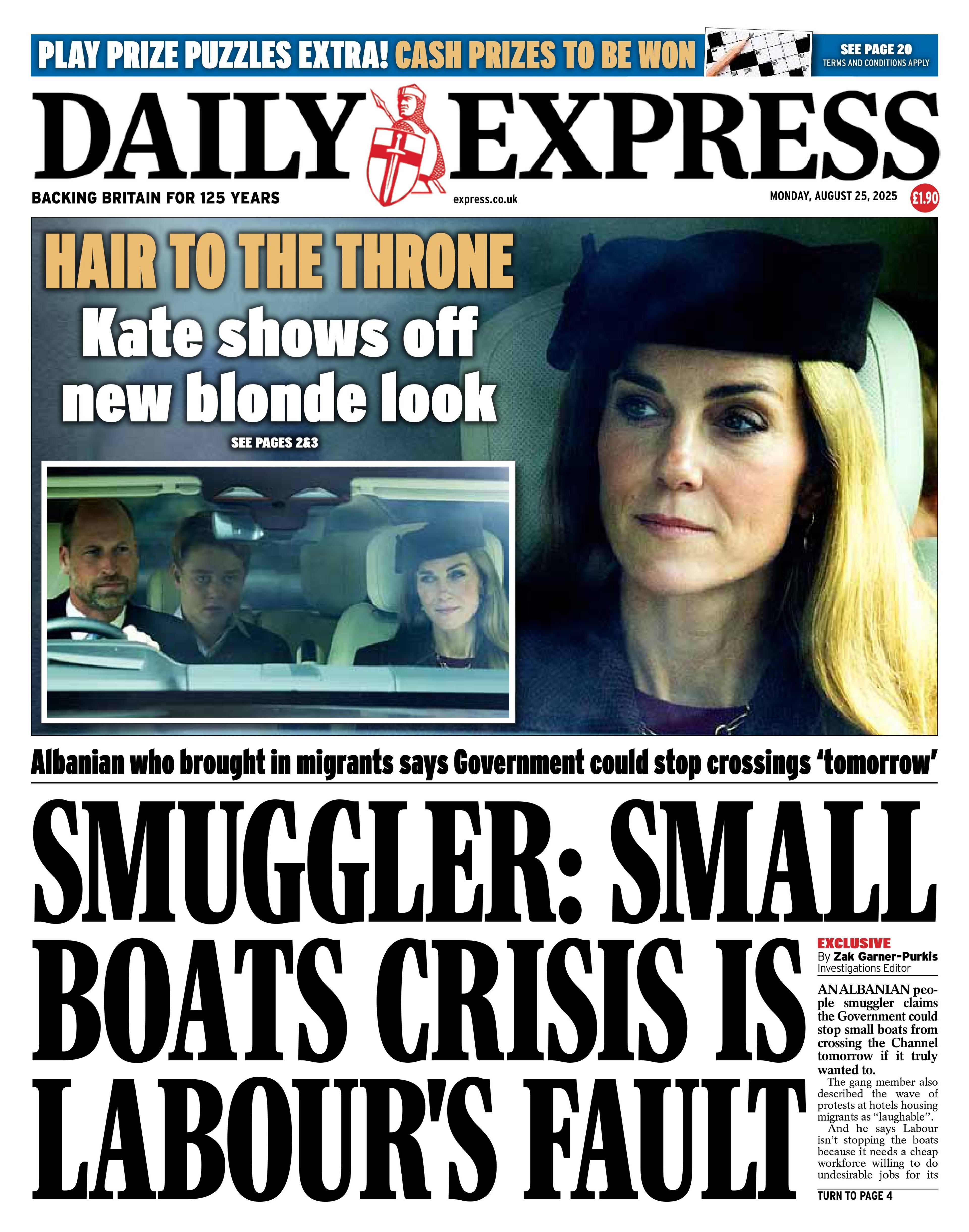 The headline on the front page of the Daily Express reads: "Smuggler: Small boats crisis is Labour's fault".