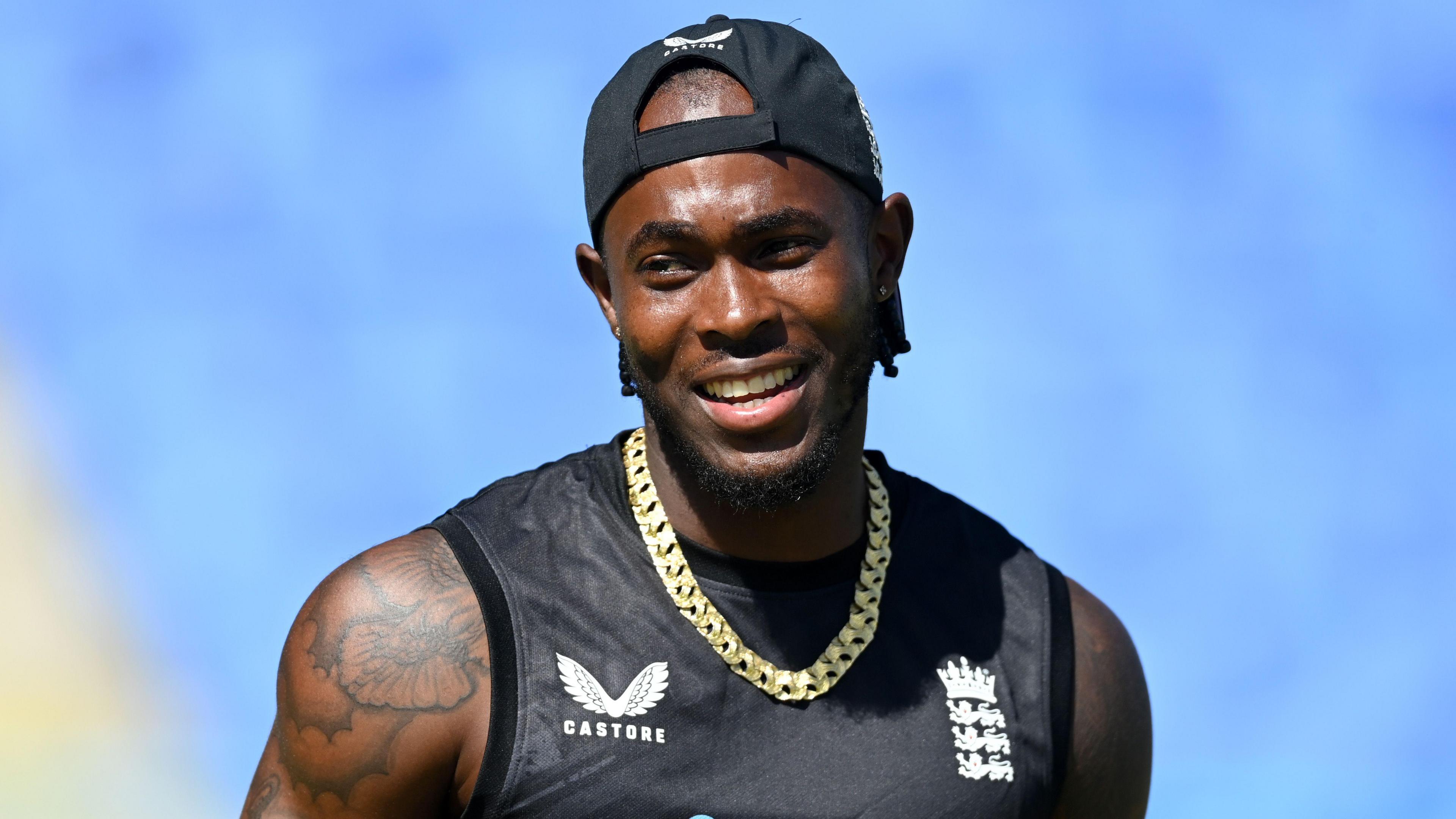 England fast bowler Jofra Archer smiles during a training session