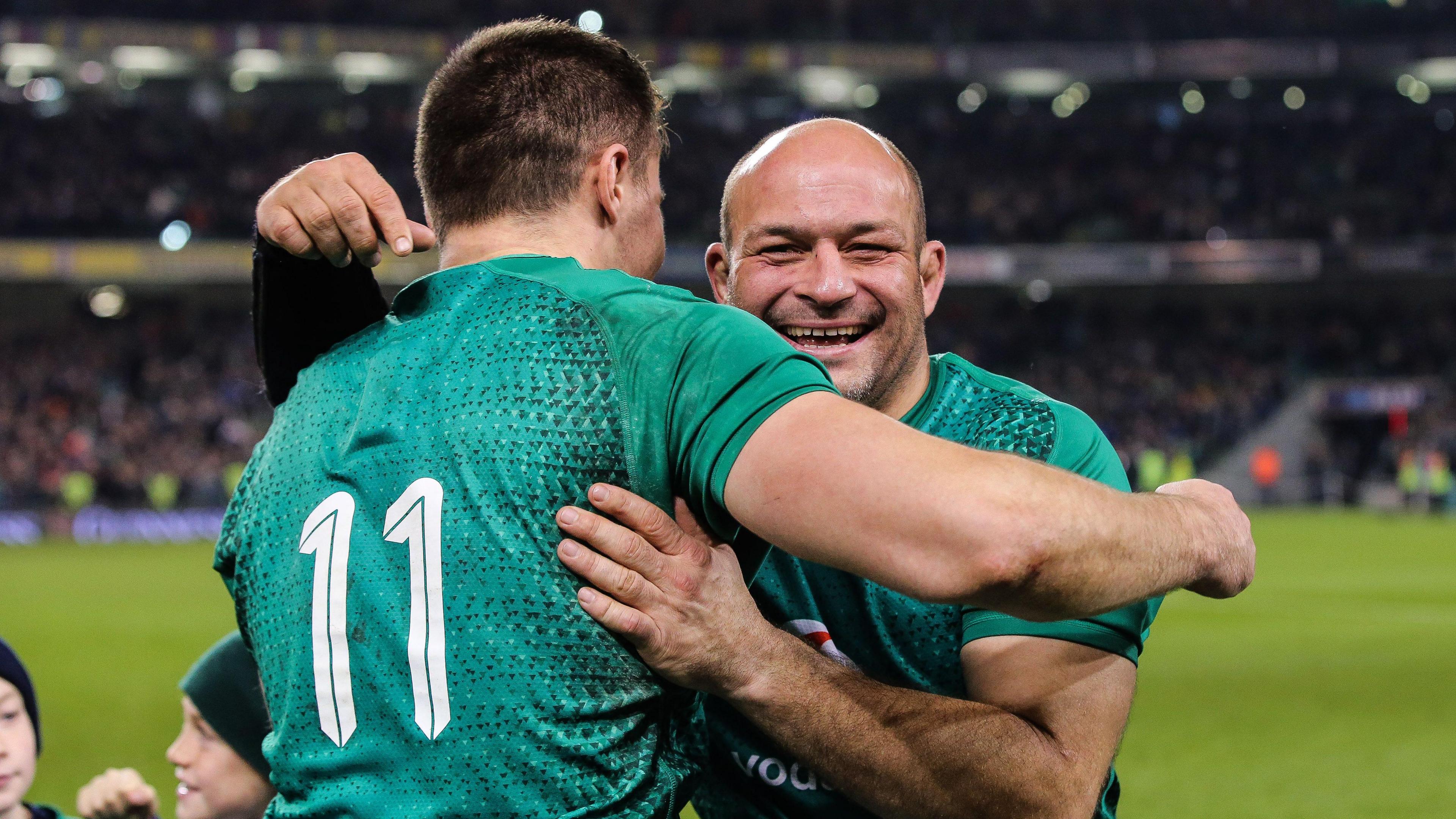 Rory Best hugs Jacob Stockdale