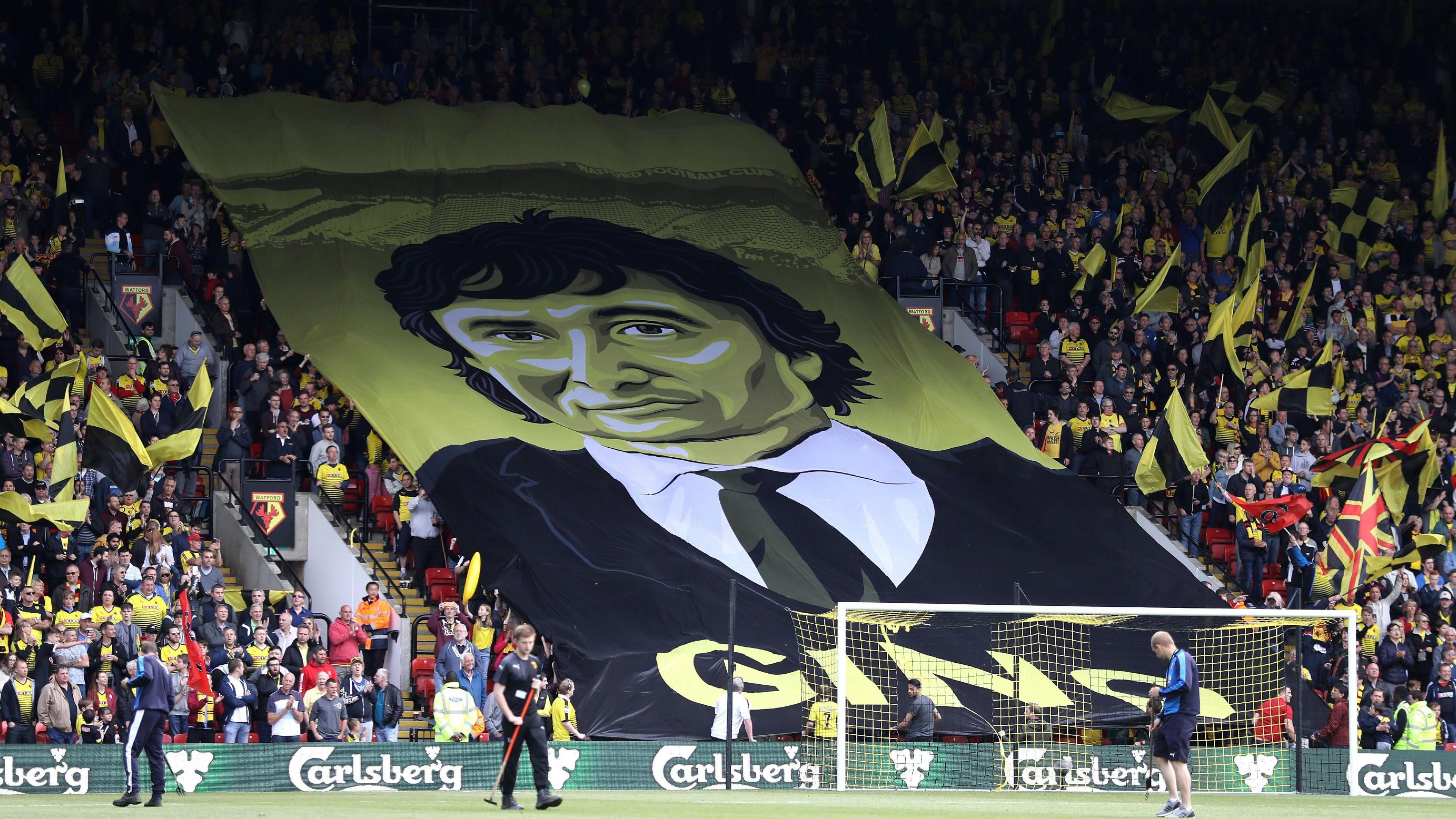 Watford fans display a banner with an image of owner Gino Pozzo at their Premier League match against Sunderland at Vicarage Road on 15 May 2016