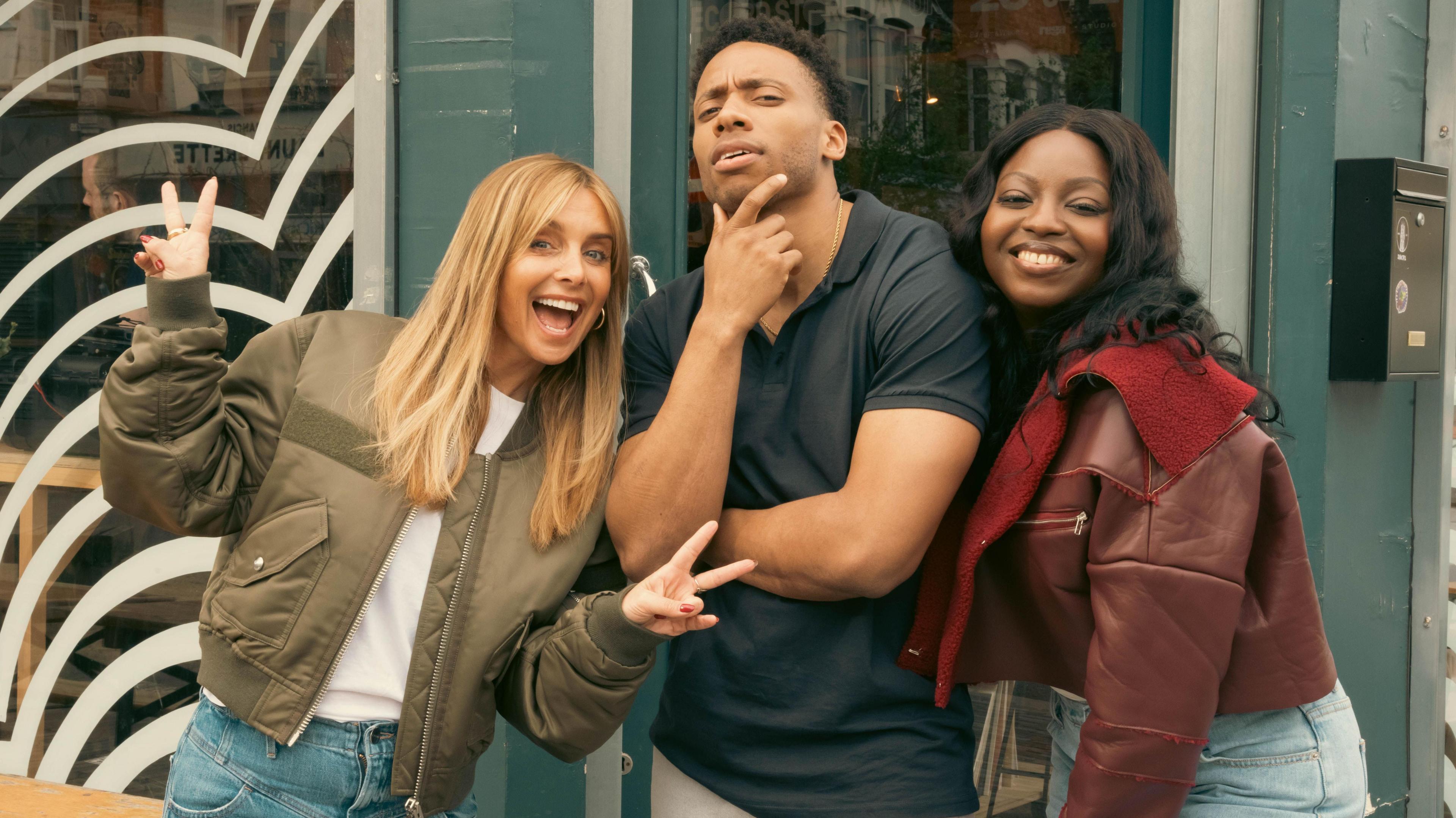 Louise Redknapp, Jordan Taffe-Watson and  Tadeyo Akitoye, on a film set 