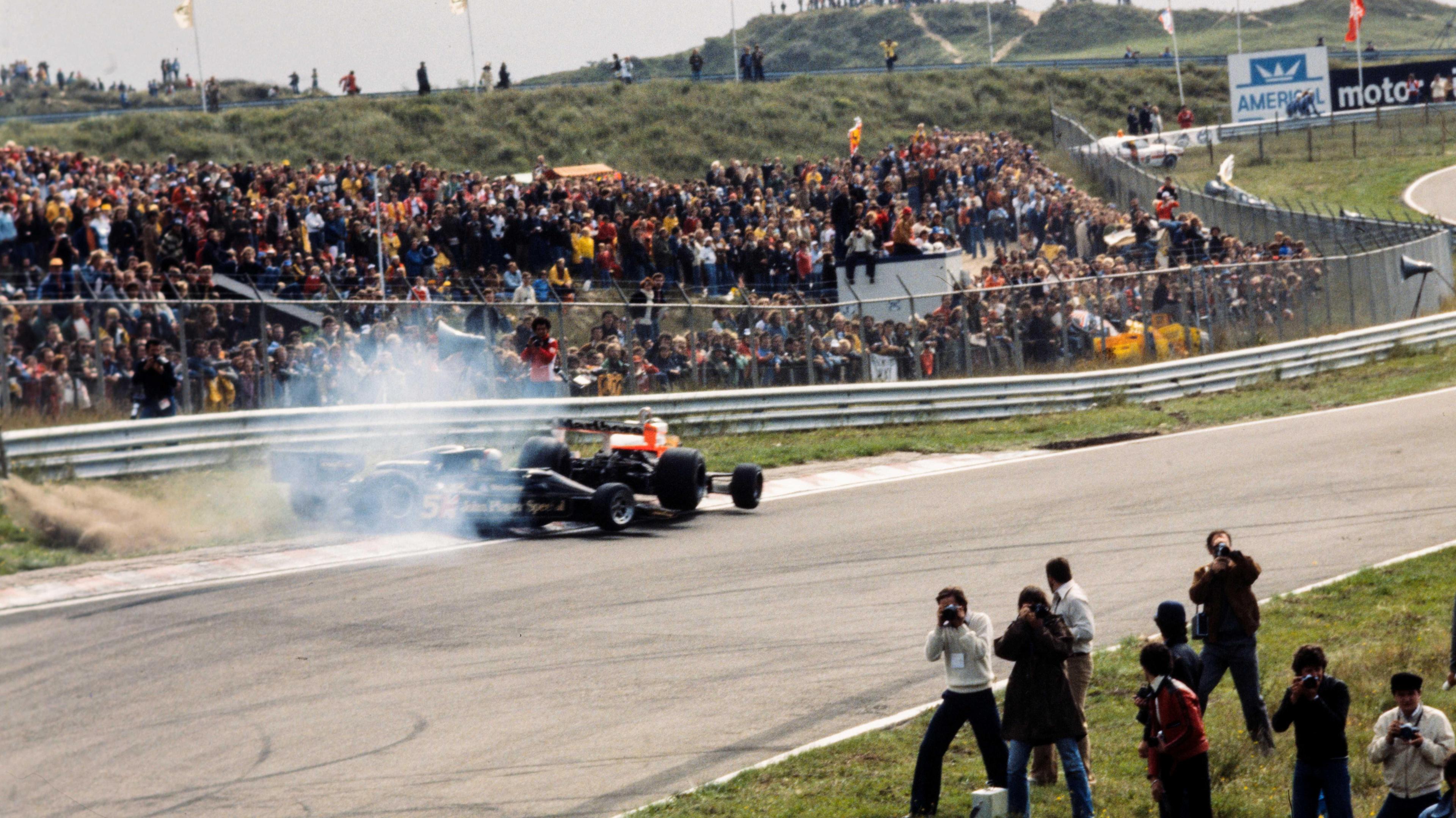 McLaren's James Hunt and Lotus' Mario Andretti collide during the 1977 Dutch Grand Prix