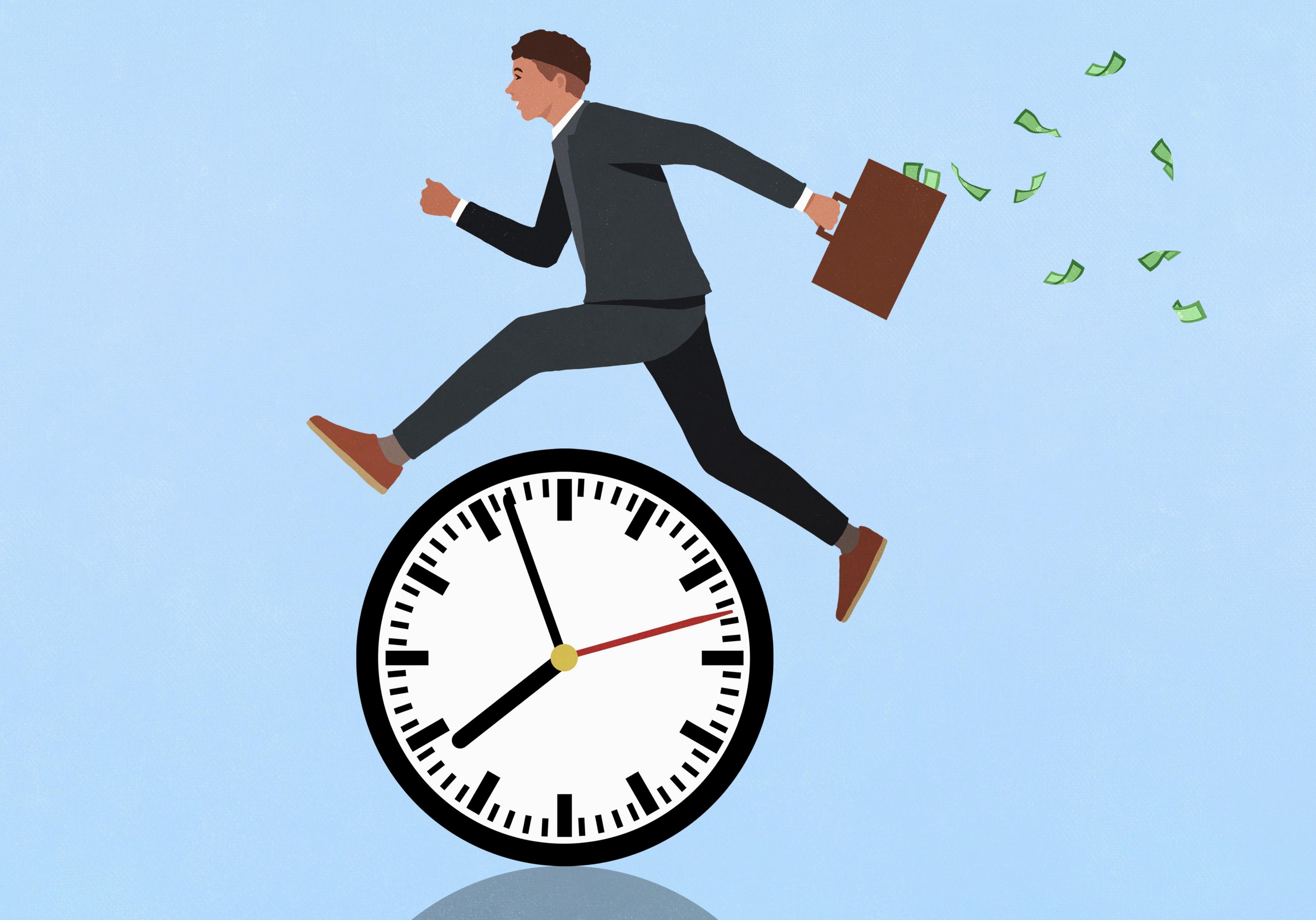 Illustration of man in suit with briefcase jumping over a black and white clock as paper money spills out of his case. 