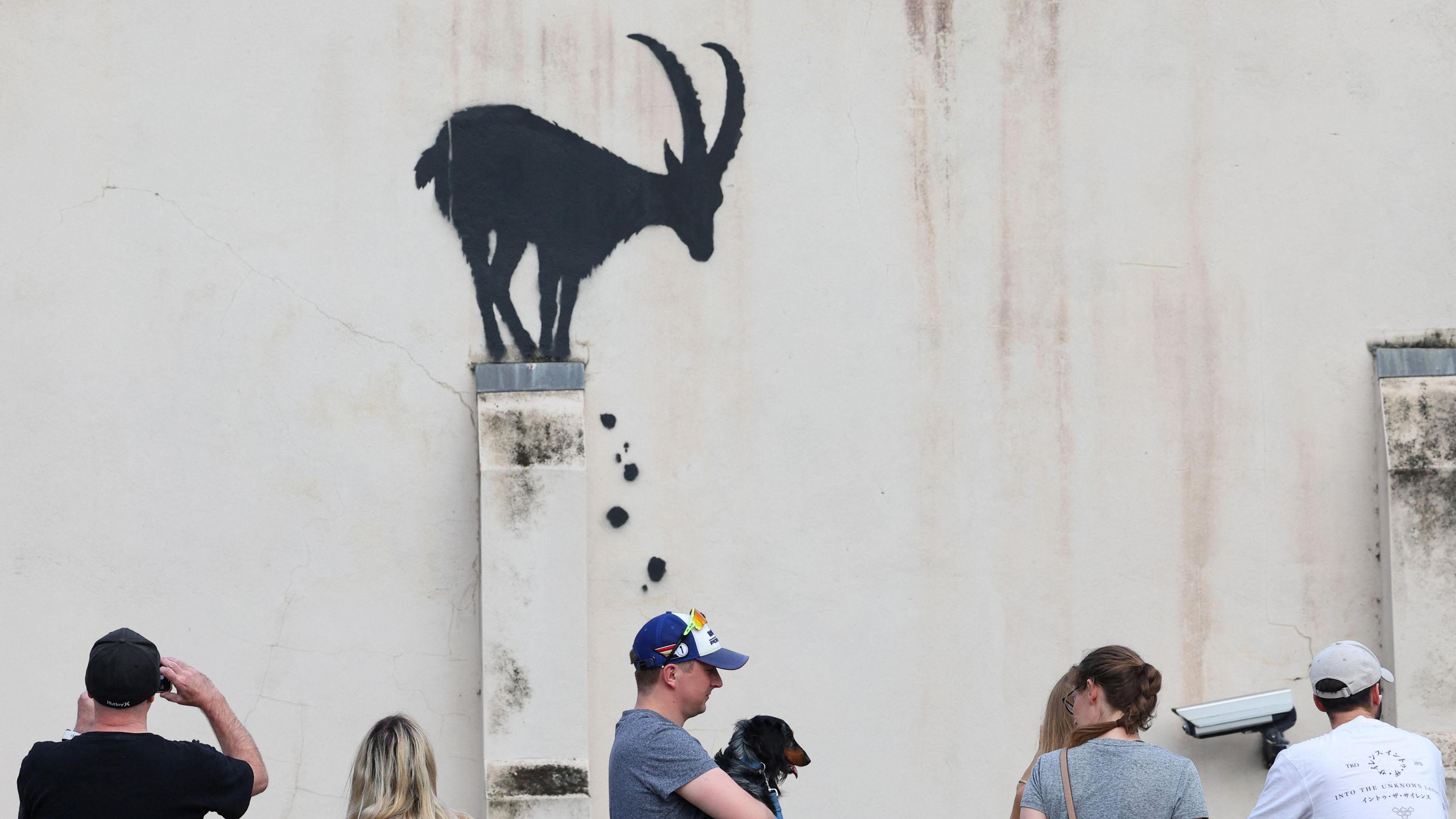 People look at a spray painted goat on the side of a wall