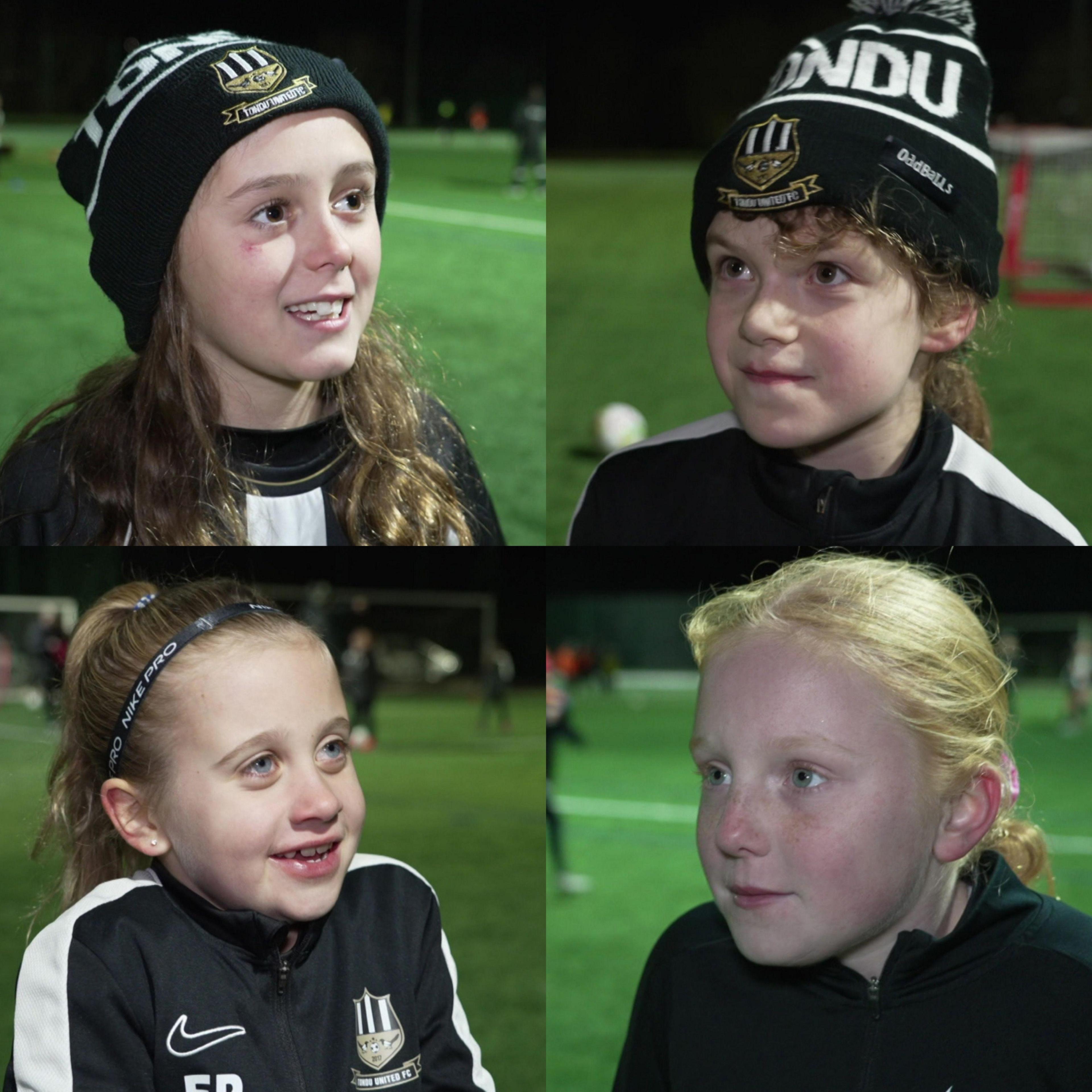 Collage of young girls at football training 