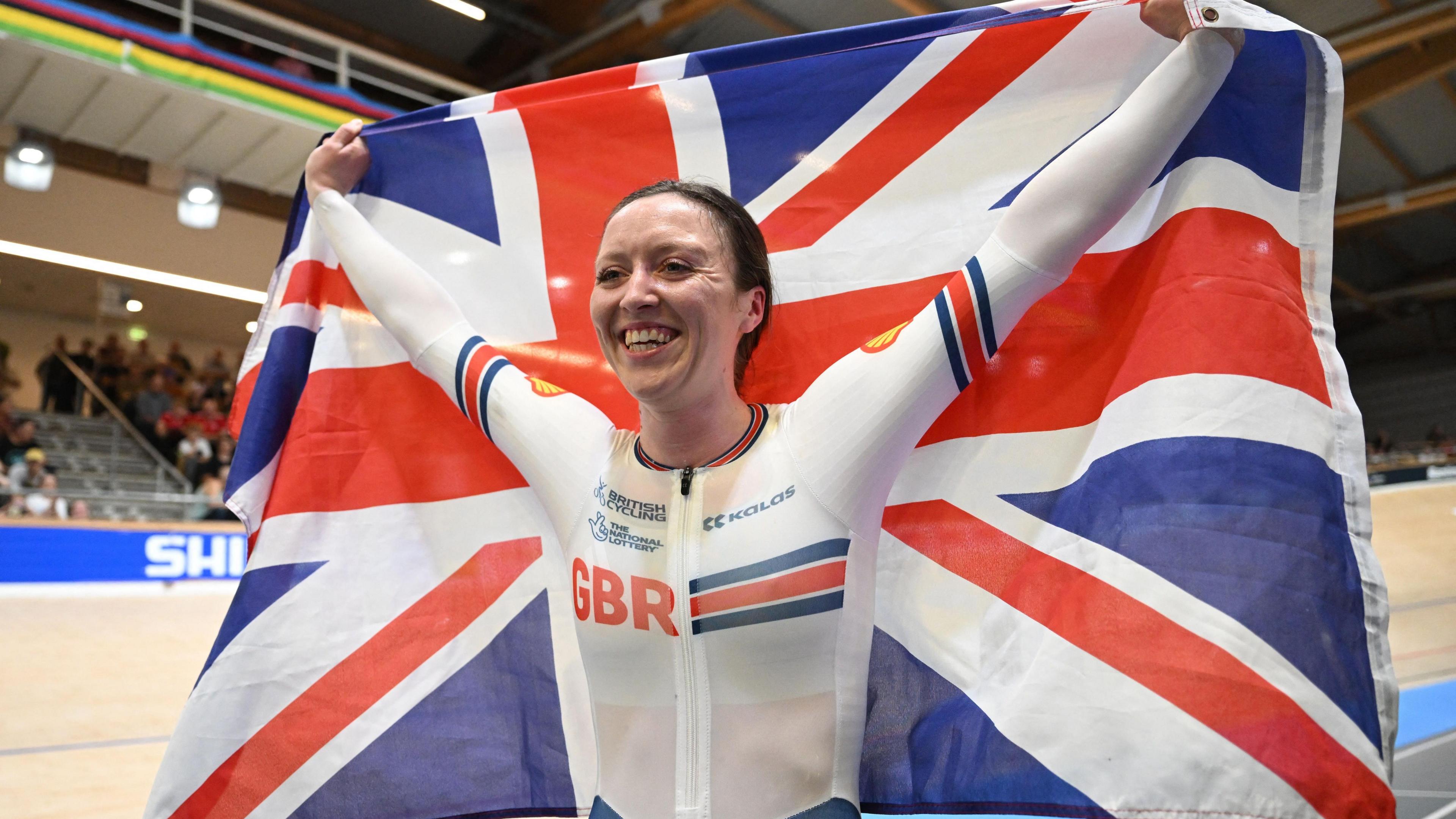 Cyclist Anna Morris celebrates her first individual world title in the women's individual pursuit in Denmark last week