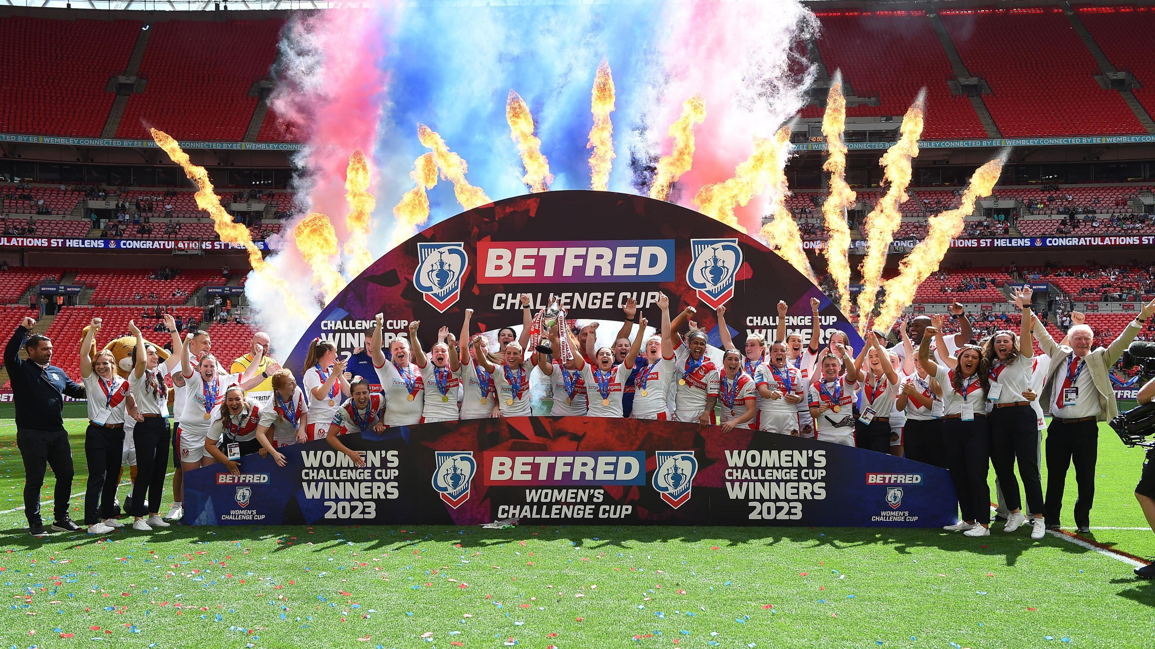 St Helens celebrate after playing Leeds in the Women's Challenge Cup final in rugby league in 2023