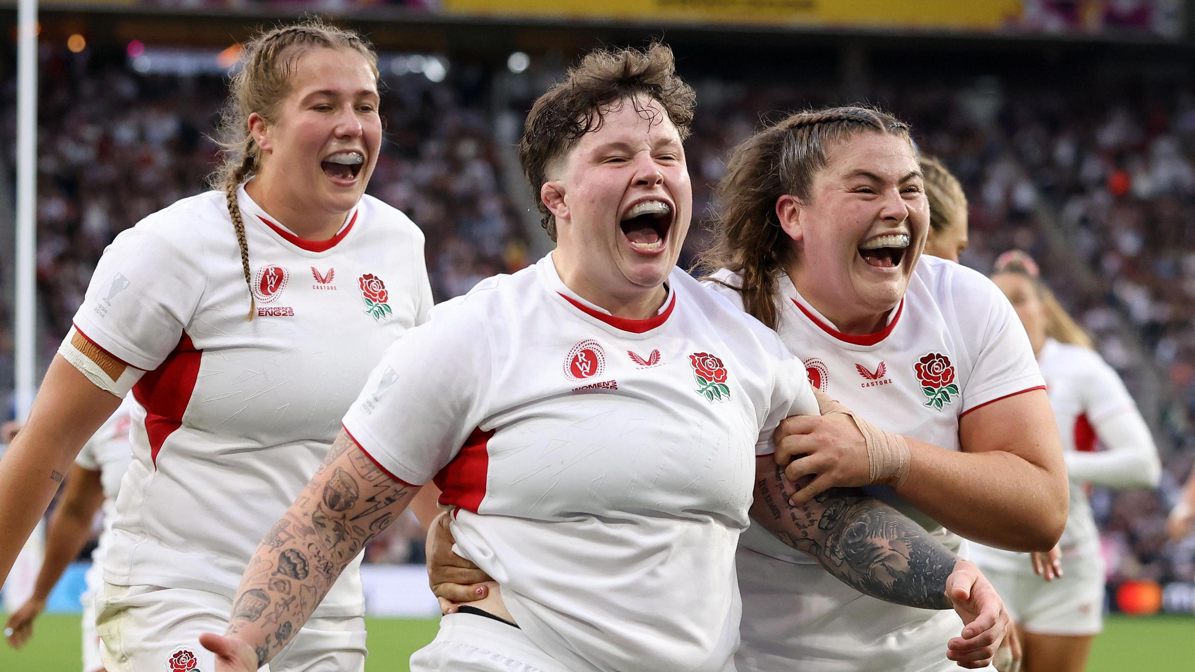 England players celebrate in the win over USA