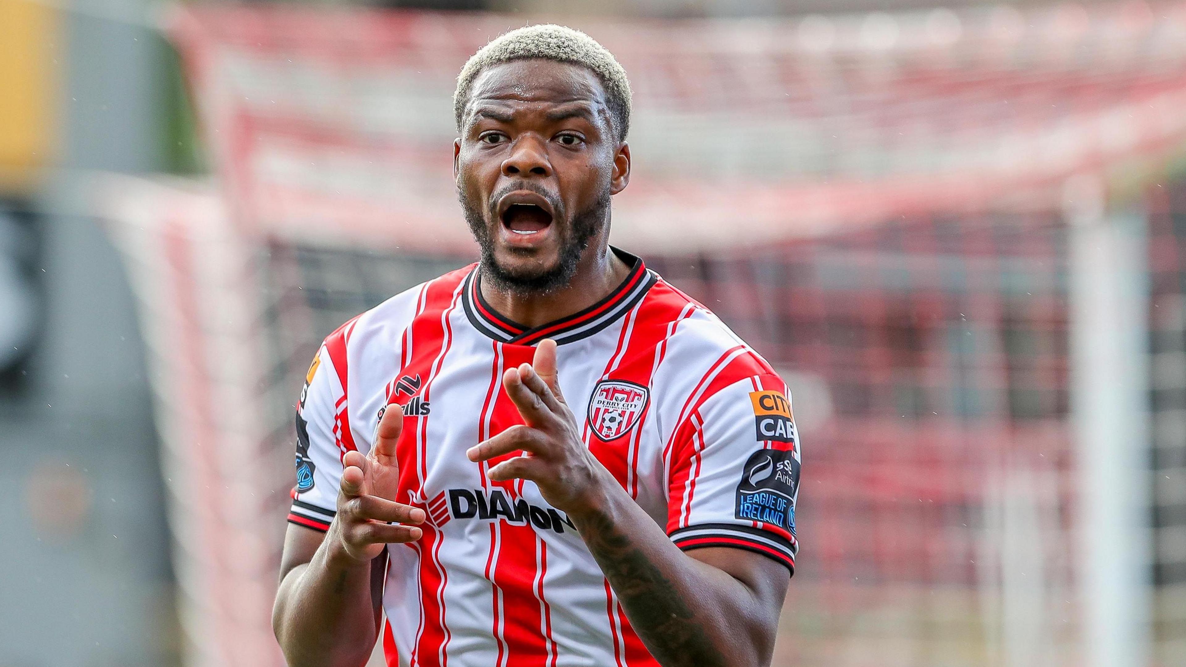 Afolabi Akinyemi celebrates after giving Derry City the lead to mark his home debut with a goal