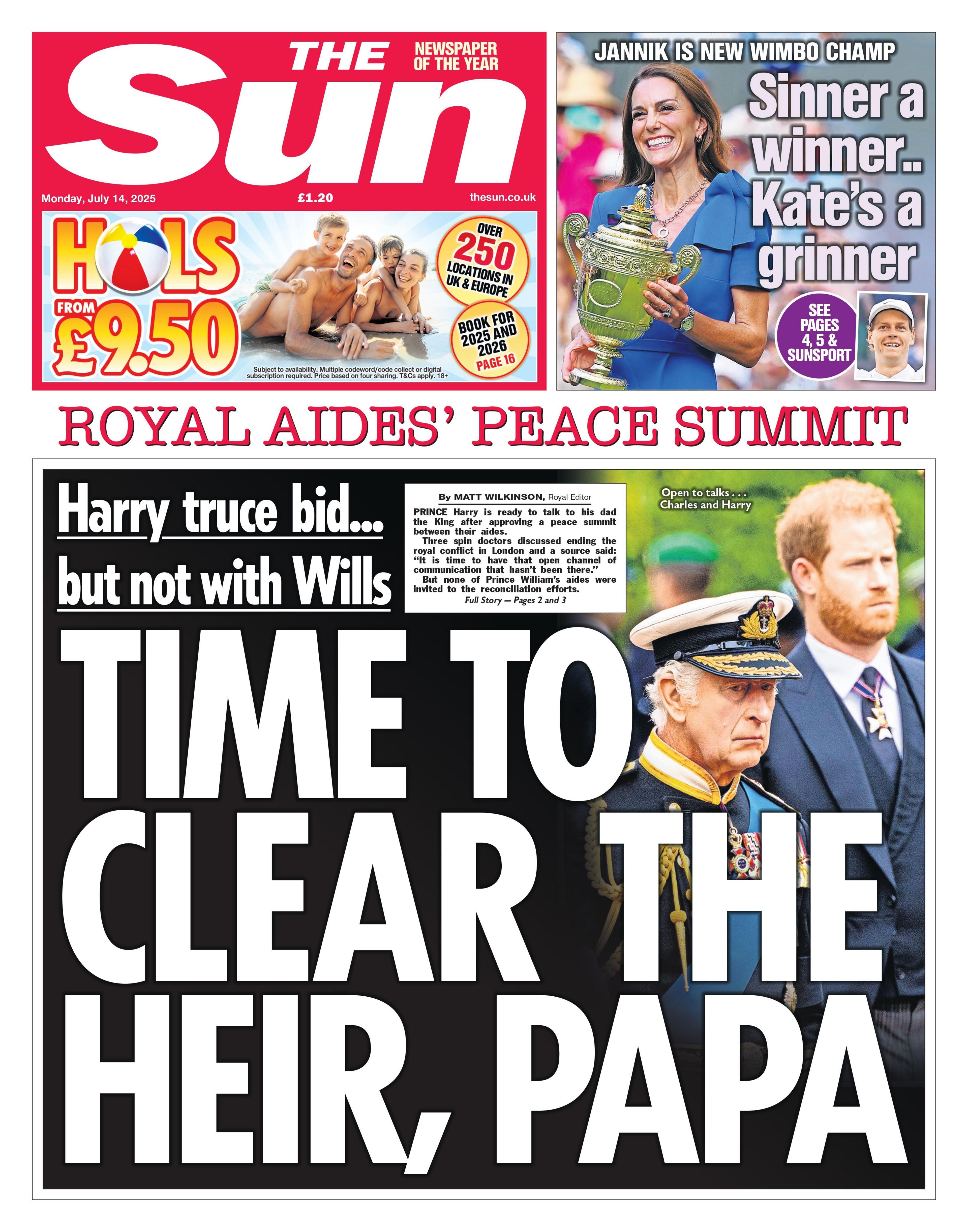 The headline on the front page of the Sun reads: “Time to clear the heir, papa”.’