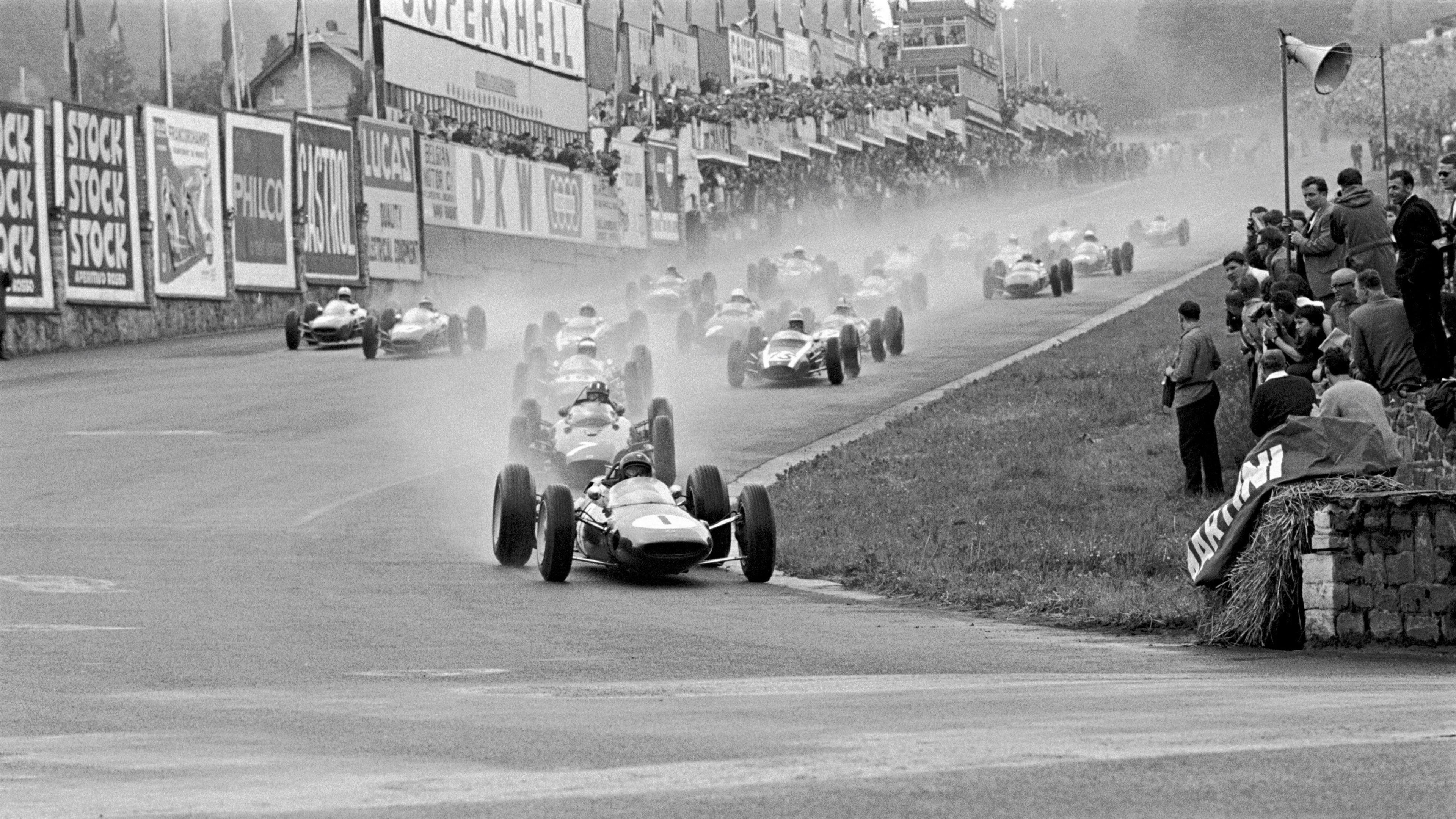 Jim Clark leads the field into Eau Rouge in the 1963 Belgian Grand Prix