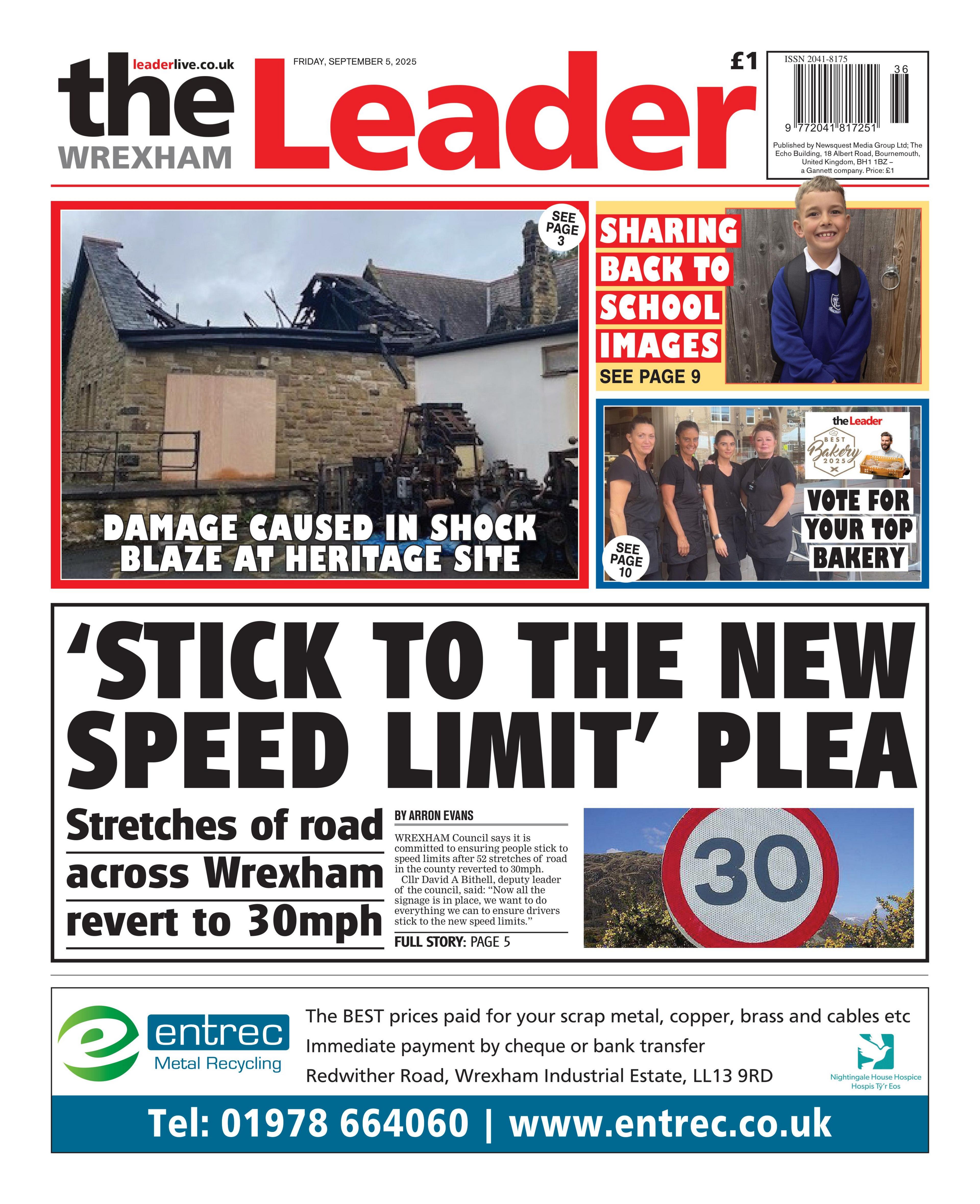 The bottom section of the page has 'stick to the new speed limit plea' in bold writing, and three images above it (left to right) with text that read: 'damage caused in shock blaze at heritage site', with a photo of a burnt building, and 'sharing back to school images', with a photo of a boy in a blue school jumper, and 'vote for your top bakery'