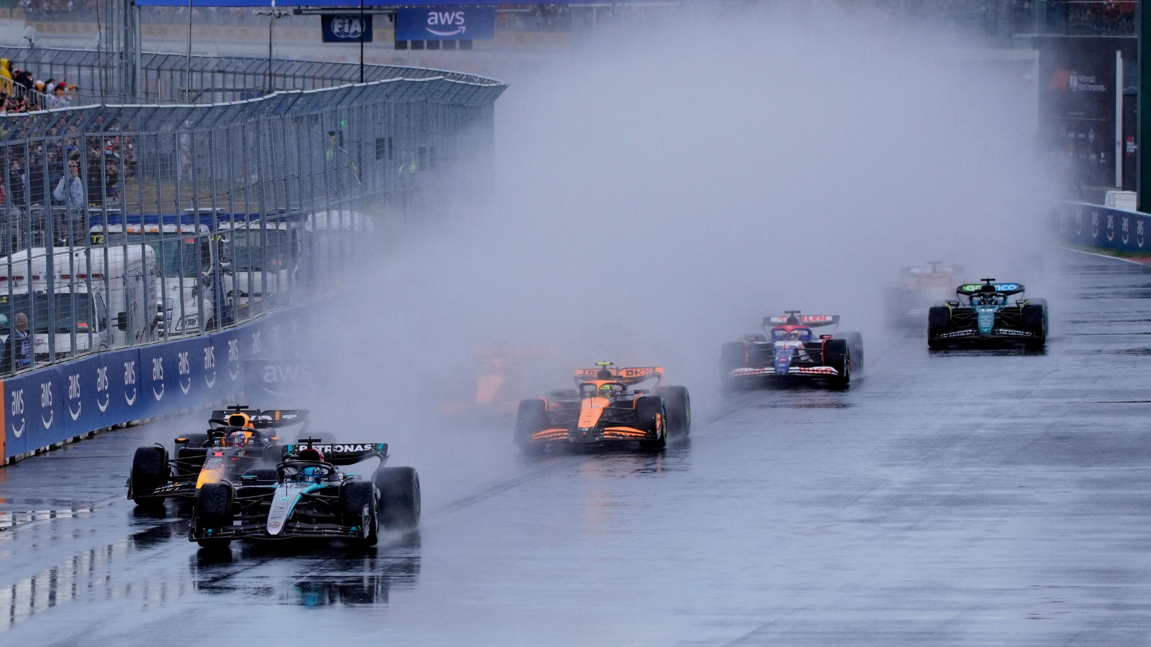 George Russell's Mercedes throws up a ball of s spray at the start of the Canadian Grand Prixpray at the start of the Canadian Grand Prix