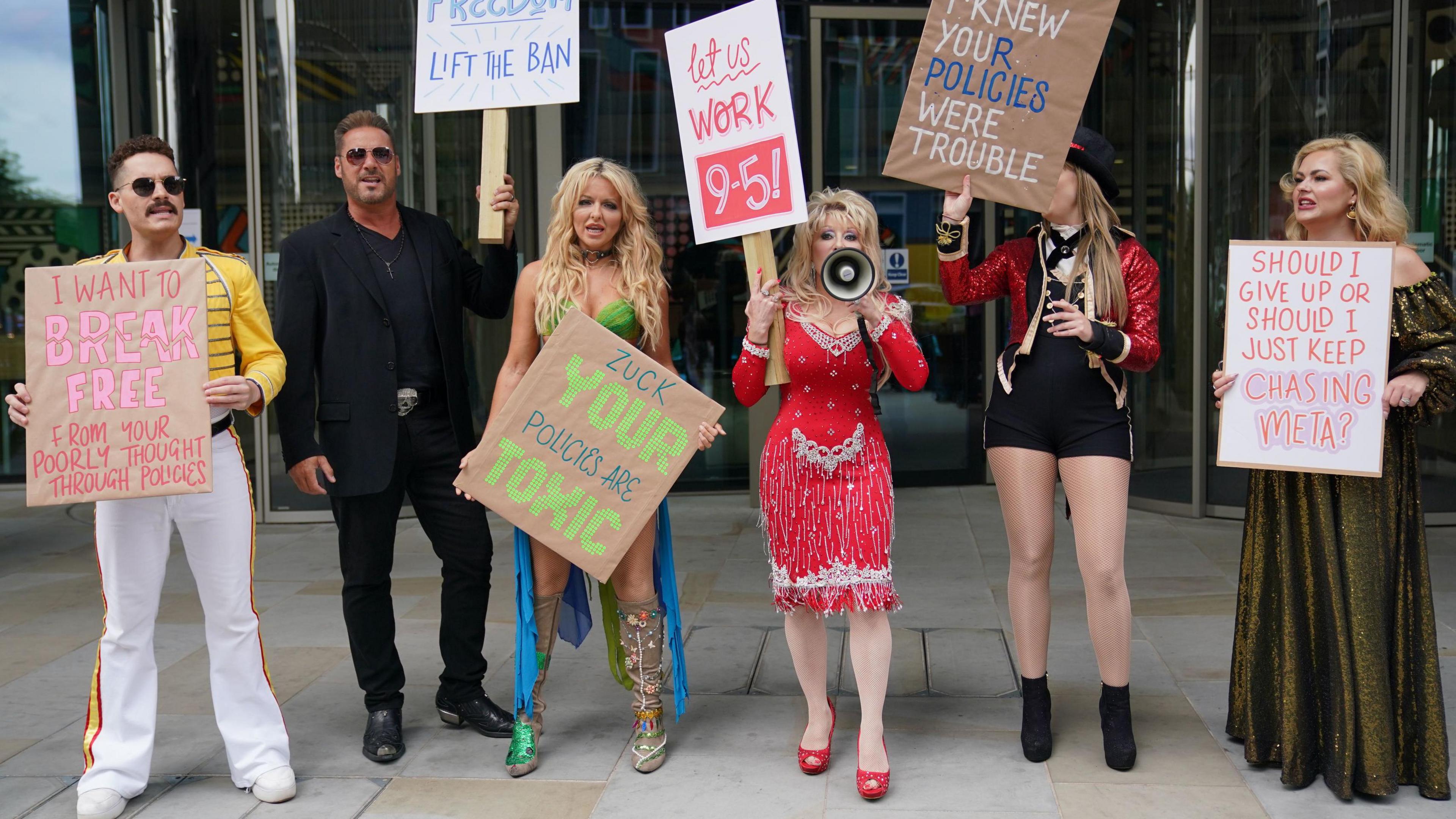 Tribute acts protesting outside Meta HQ London