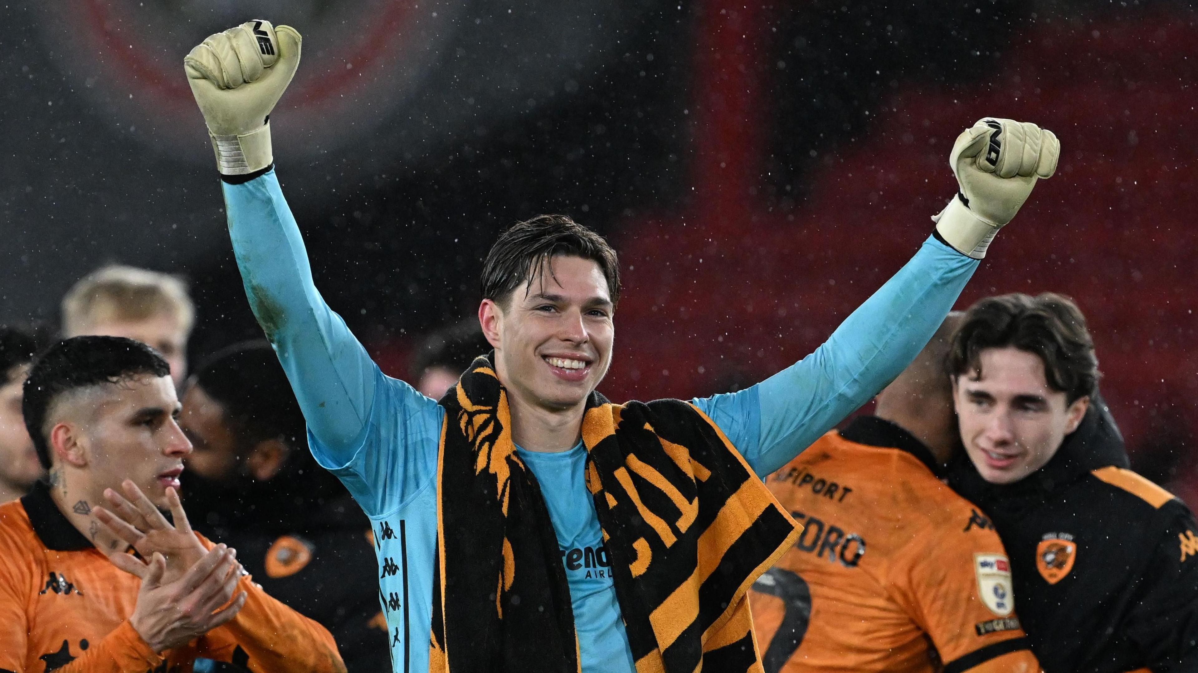 Ivor Pandur celebrating Hull City's Championship win at Sheffield United