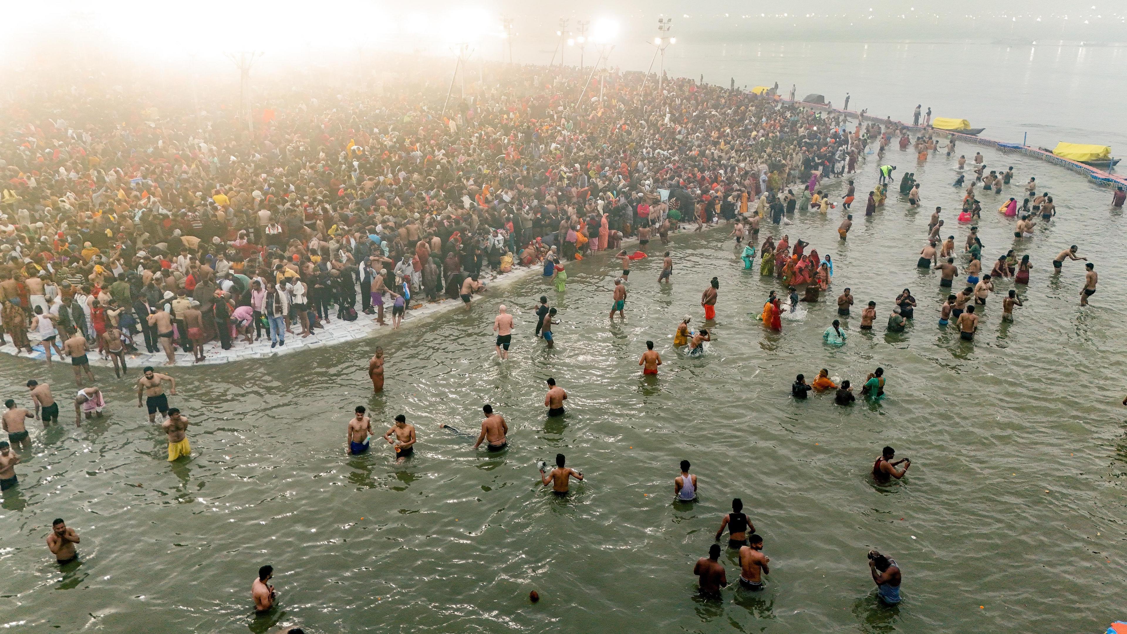 Devotees take a dip at the Mahakumbh