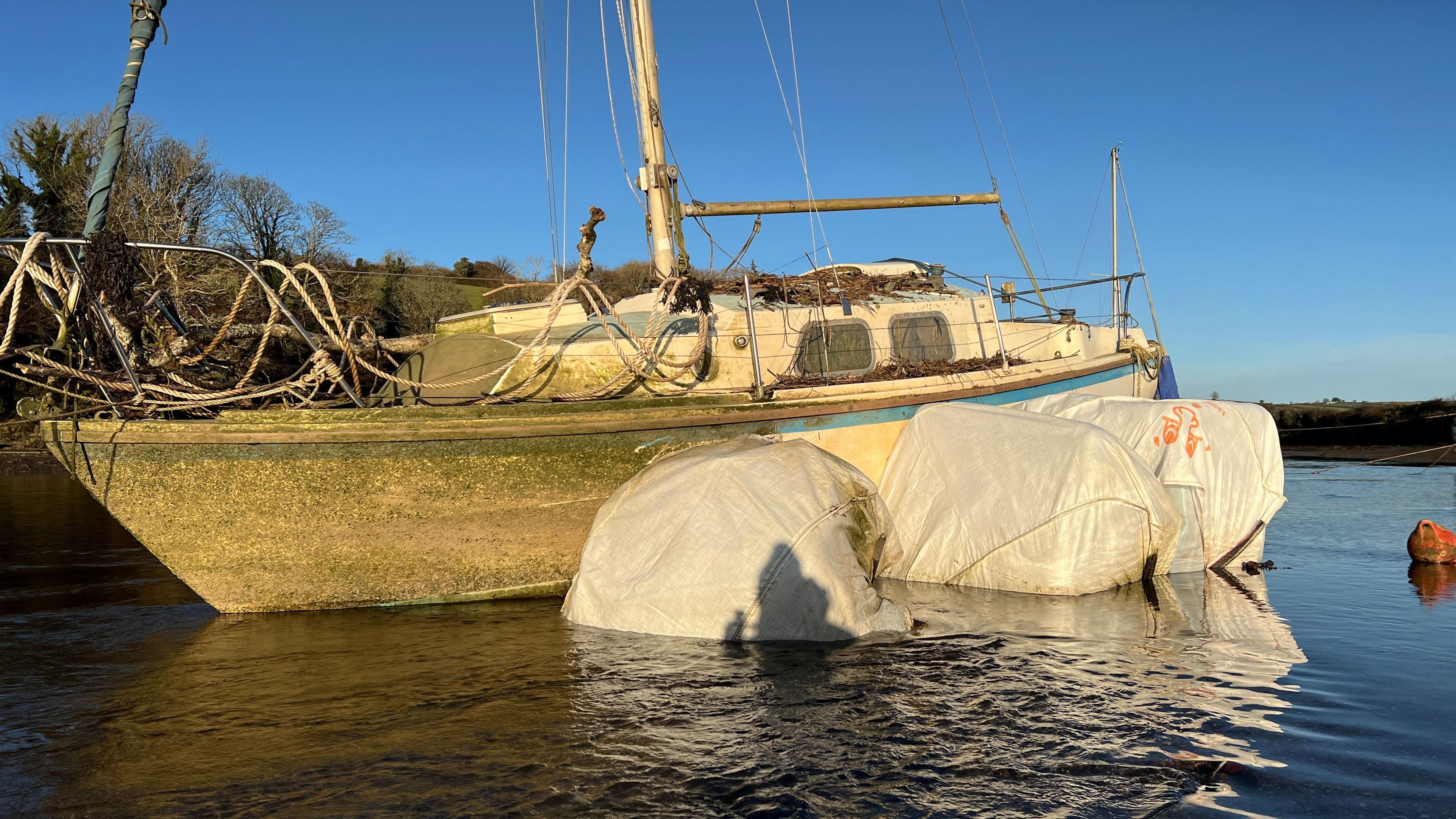 A yacht with a large amount of what appears to be green fungus on its hull and large plastic bags on each side in a low-tide river with a bank of mud and greenery on the far side.