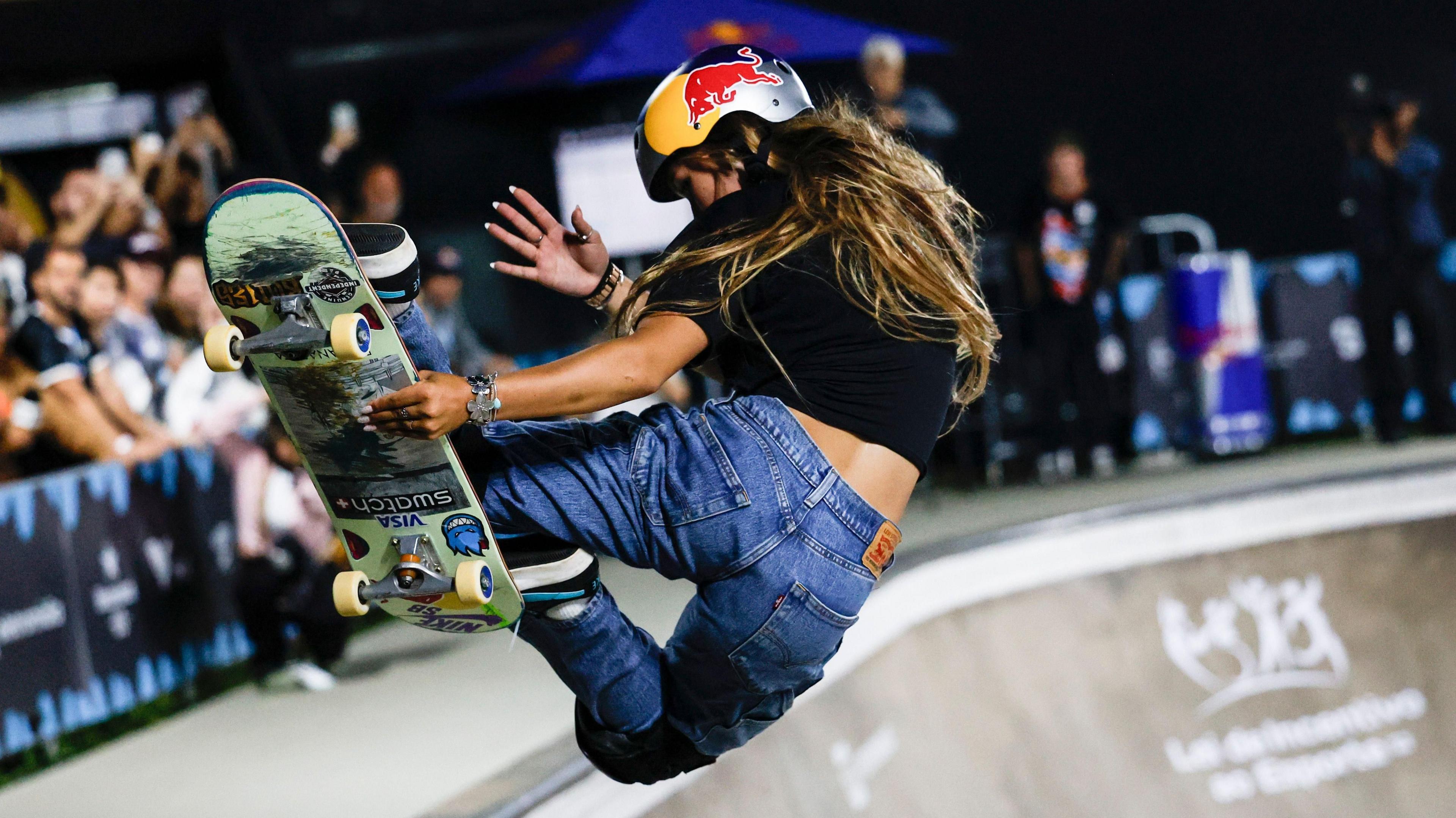 Sky Brown of Britain completes a trick grabbing her board in mid-air, during the World Skateboarding Championships at Candido Portinari Park in Sao Paulo, Brazil, 08 March 2026