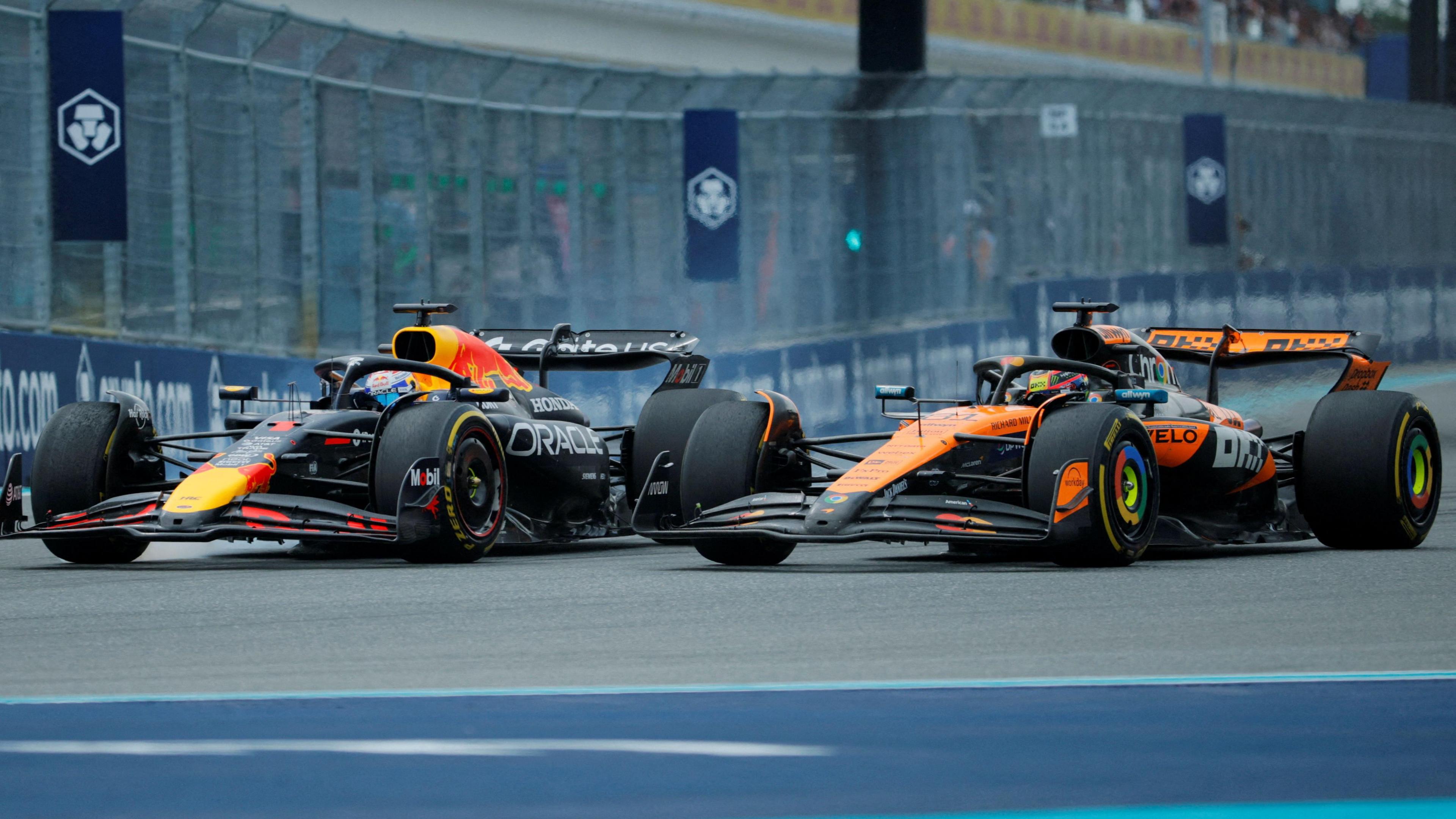 Oscar Piastri overtakes Max Verstappen during the 2025 Miami Grand Prix