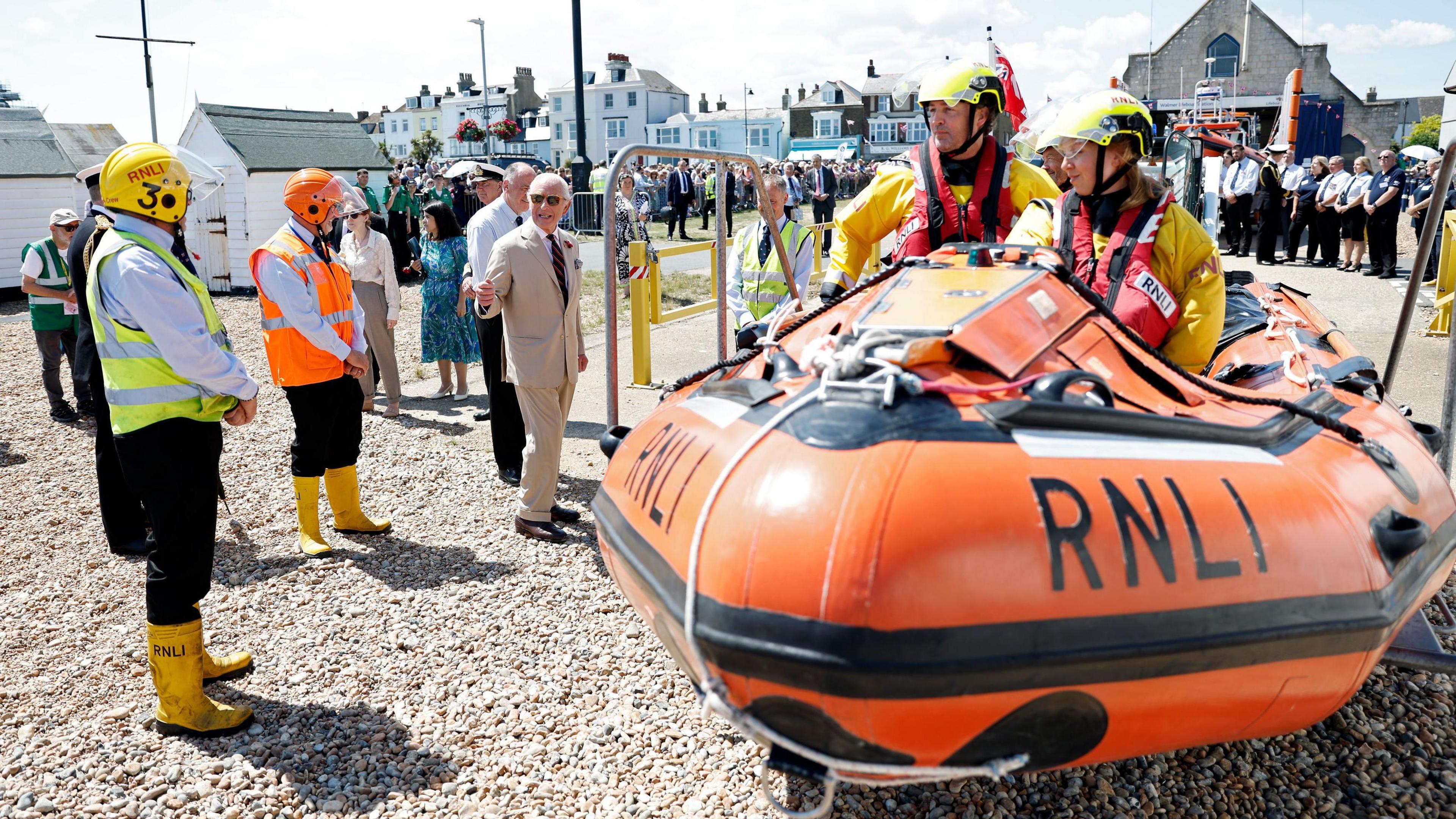 King Charles viewing a lifeboat launch demonstration at RNLI Walmer