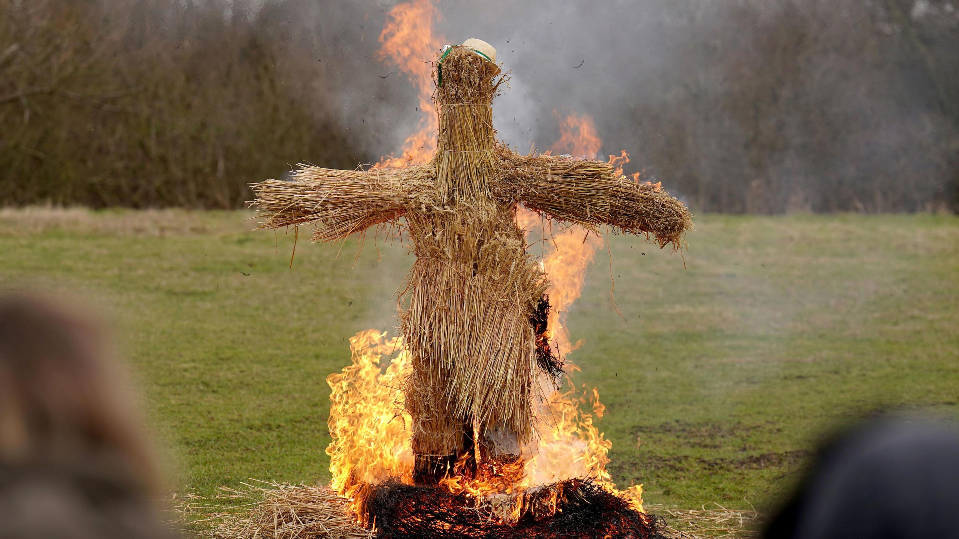 A straw bear, with a hat on, in being burnt in a field. 