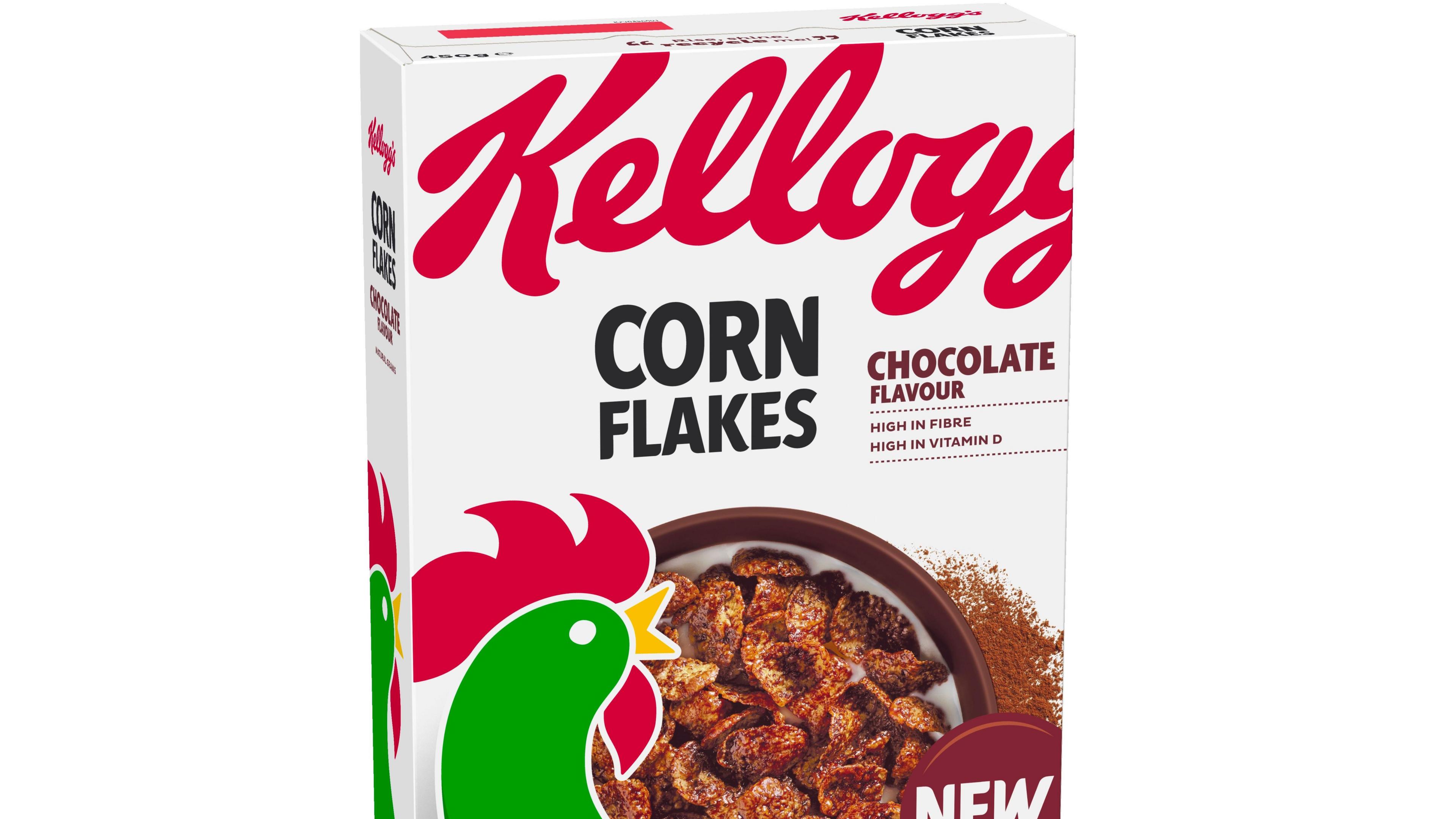 A box of Kellogg's new chocolate cornflakes on a white background.