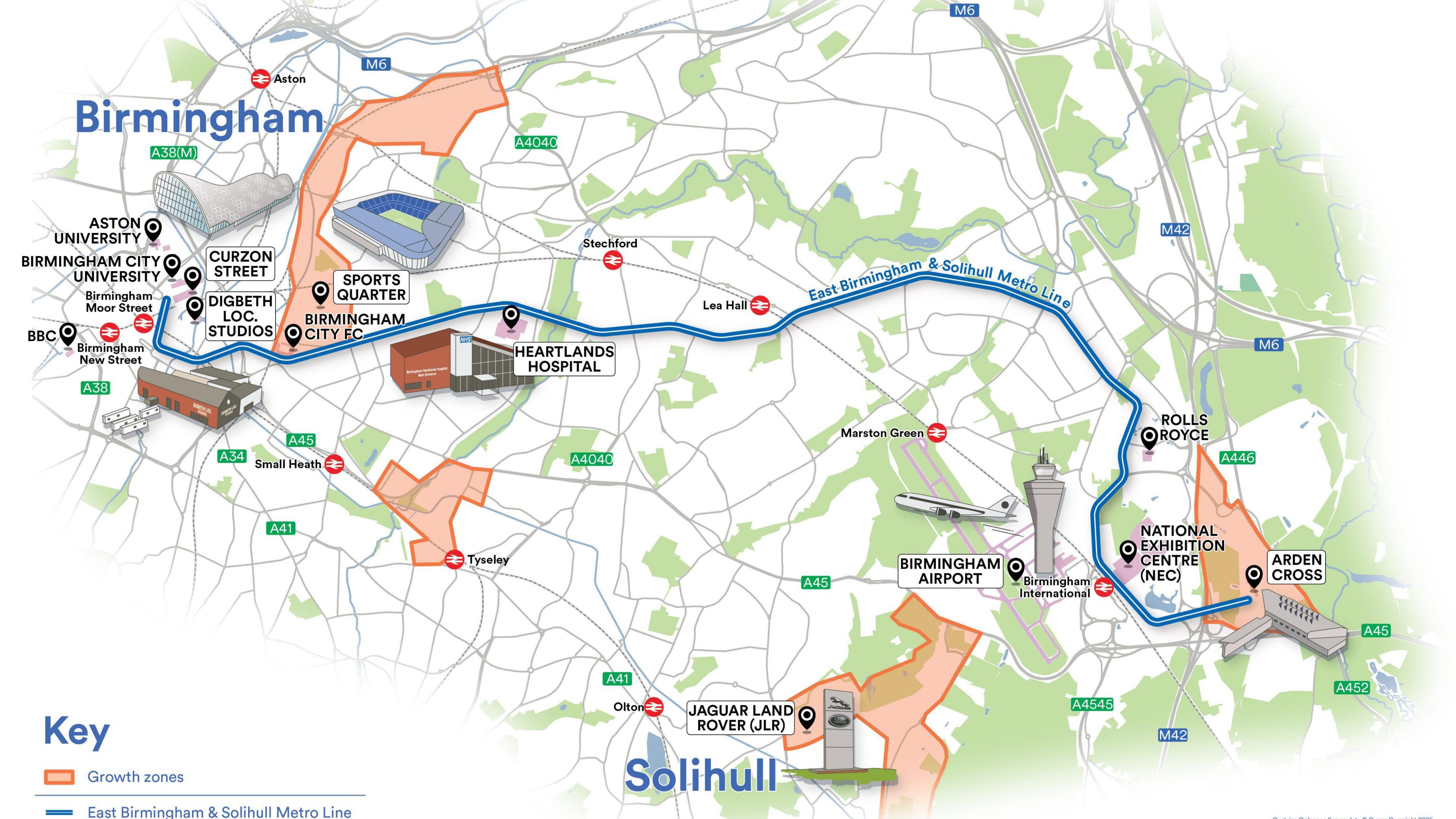 A map showing part of Birmingham from Aston University and Birmingham City University to the National Exhibition Centre and Arden Cross. It includes the proposed Sports Quarter as well as existing buildings such as Heartlands Hospital and Birmingham Airport. The map shows the planned Curzon Street Station as well as current stations which include Birmingham Moor Street, Lea Hall, Marson Green and Birmingham International. 