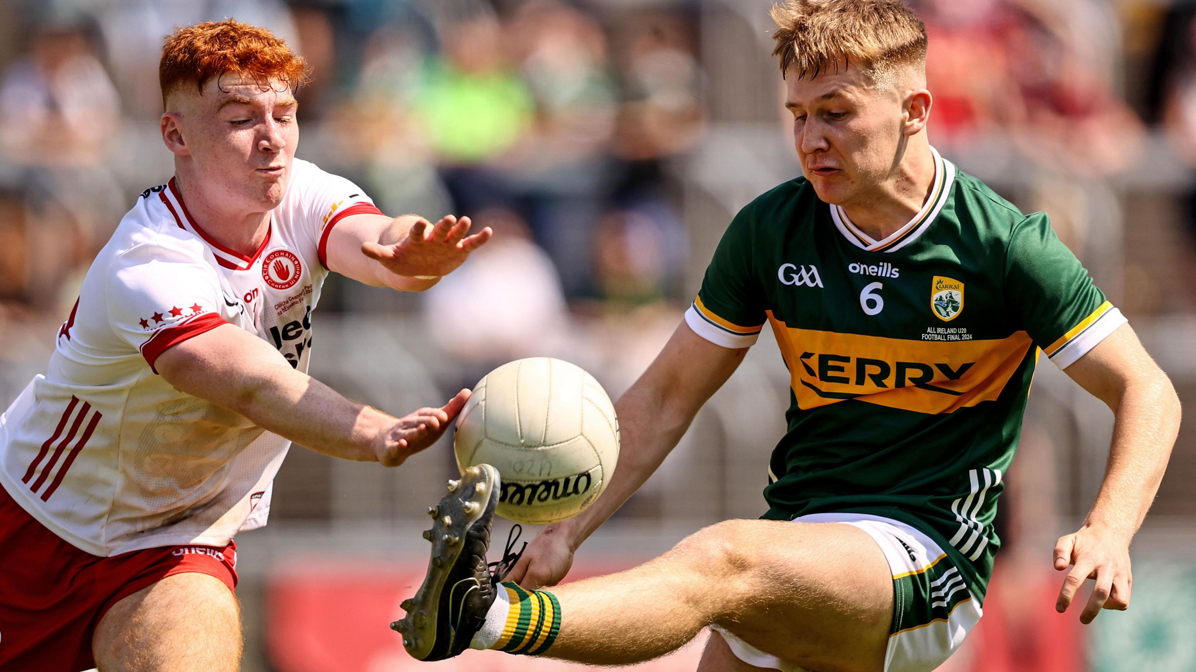 Callum Daly (left) battles with Kerry's Darragh O'Connor in the All-Ireland Under-20 Football Final in May