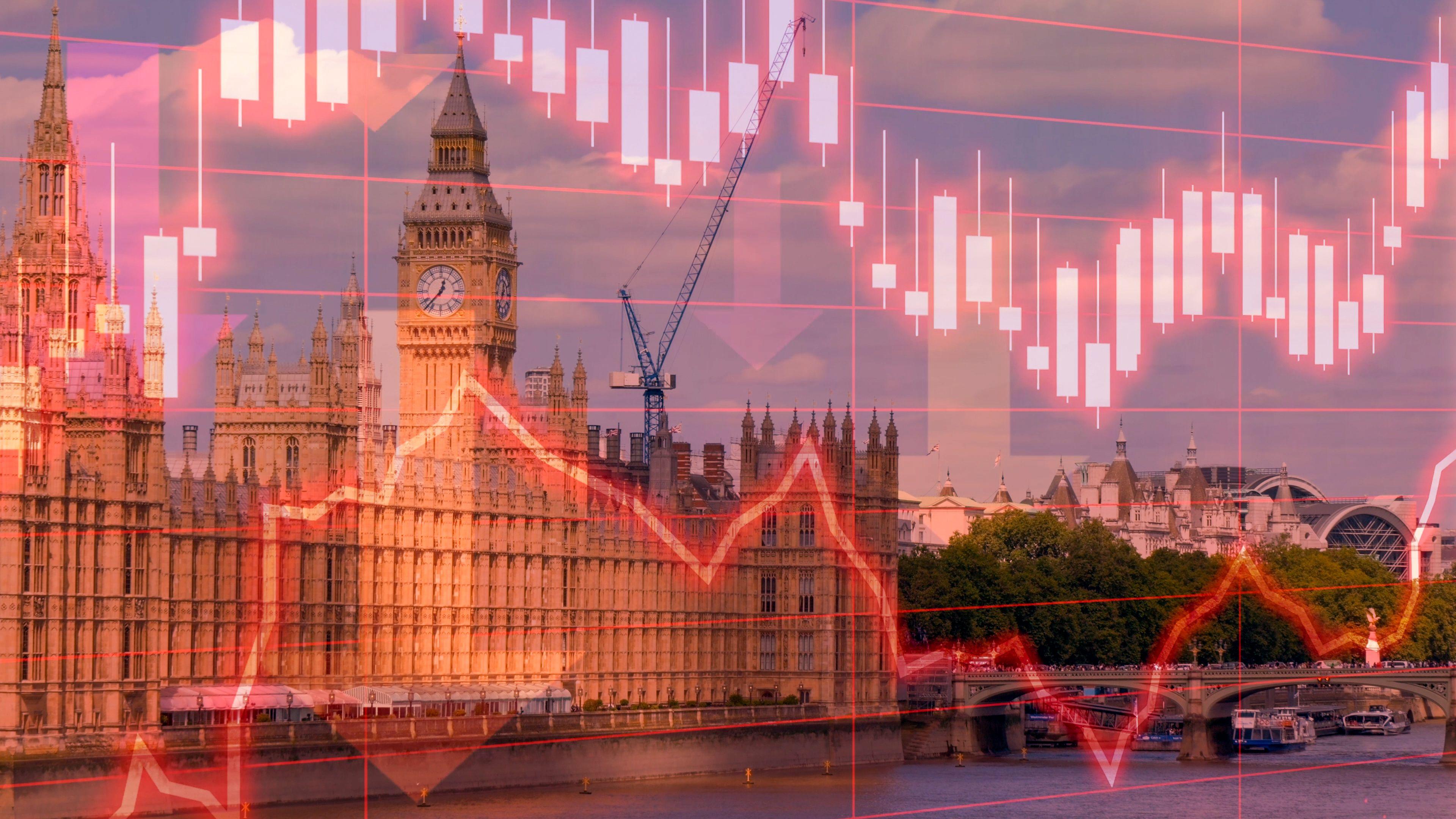 Parliament pictured with graph symbolically showing financial markets.  