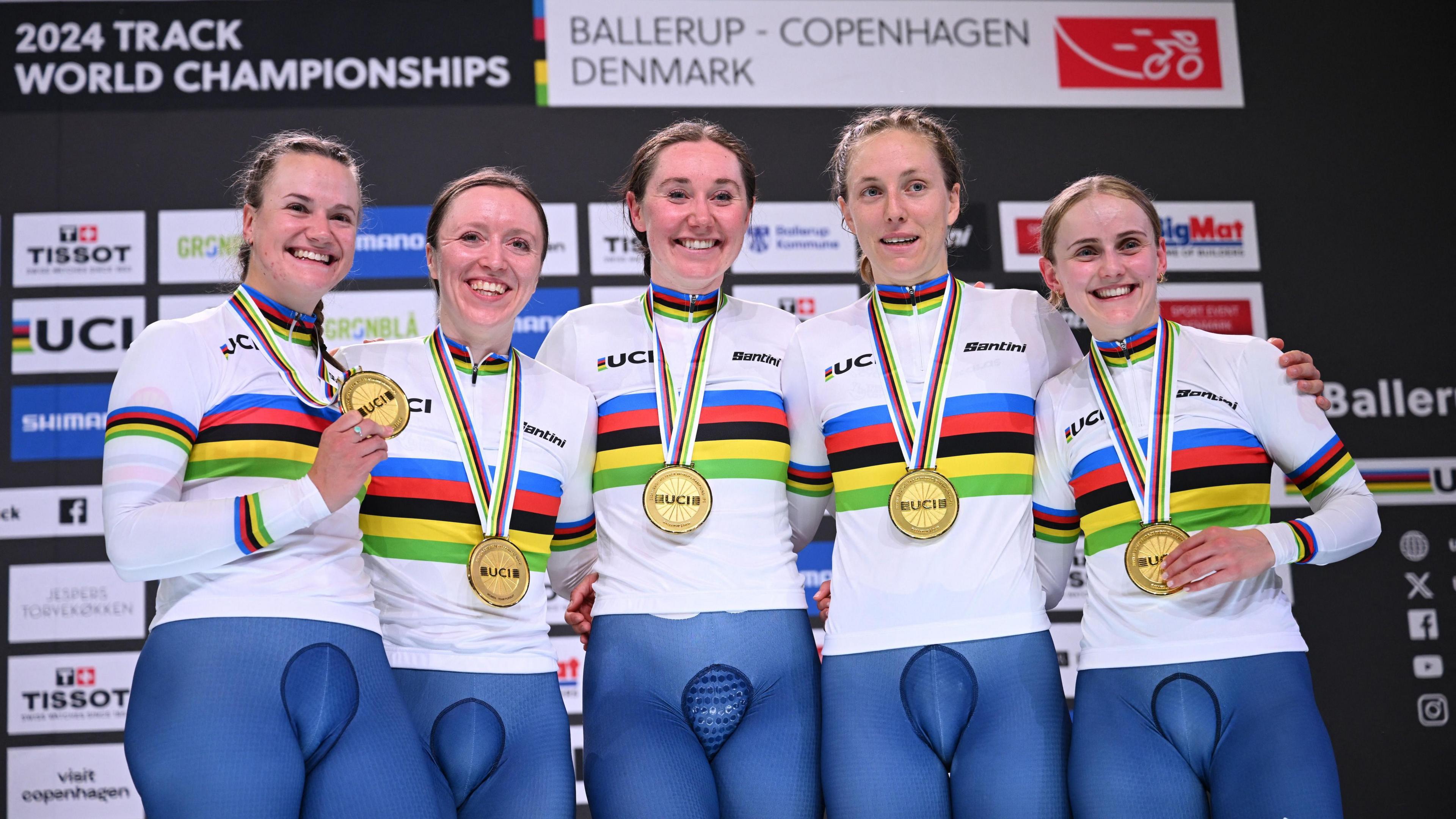 Anna Morris celebrating with her team-mates in the team pursuit at this year's World Championships