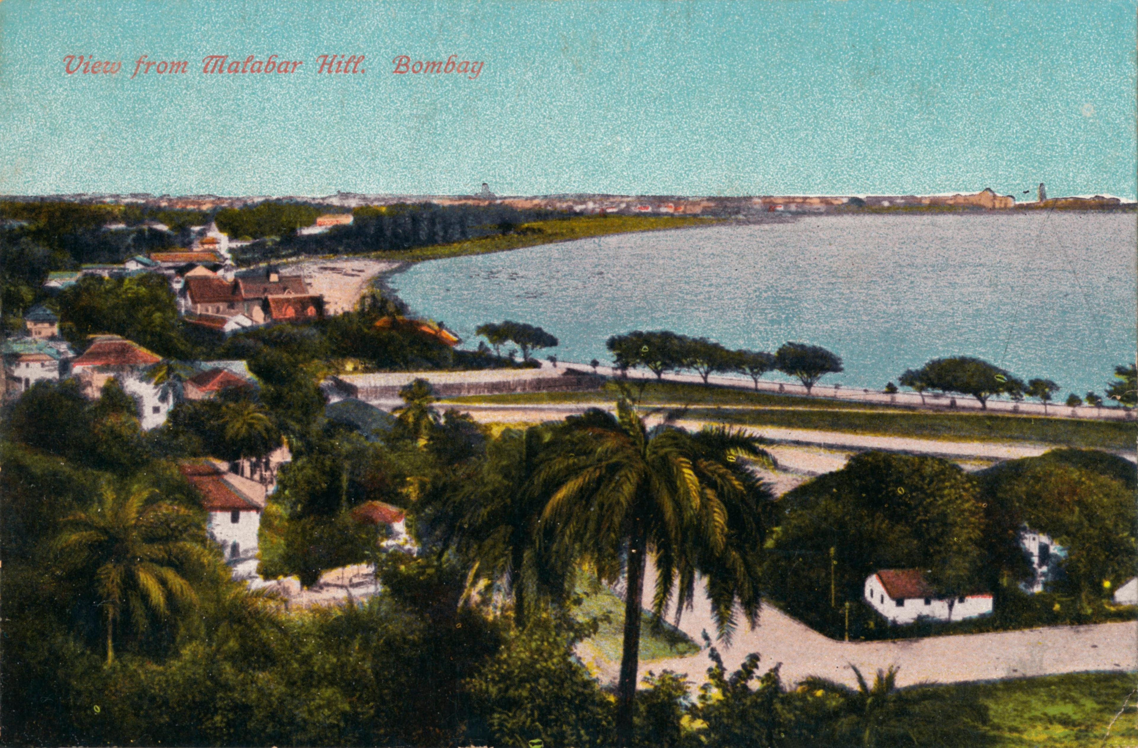 A locality with sea-facing bunglows, beaches and palm trees.
View from Malabar Hill, Bombay', circa 1920. Malabar Hill, a hillock in southern Mumbai, India. The Malabar Hill district is notably the most exclusive residential area in Mumbai.. Artist: Unknown. (Photo by The Print Collector/Getty Images)