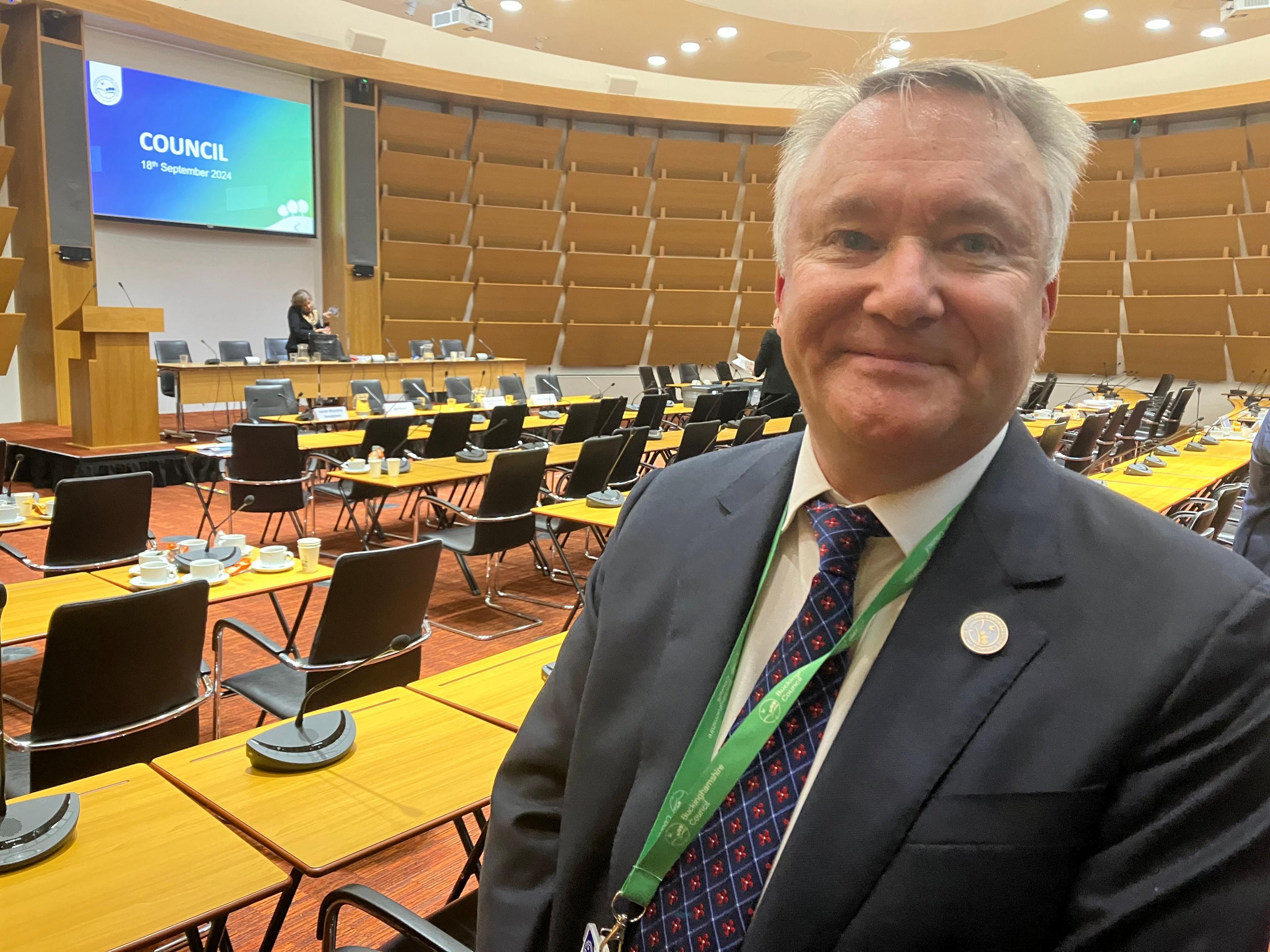 A picture of independent councillor Stuart Wilson in a dark grey jacket with a blue tie with red spots on.