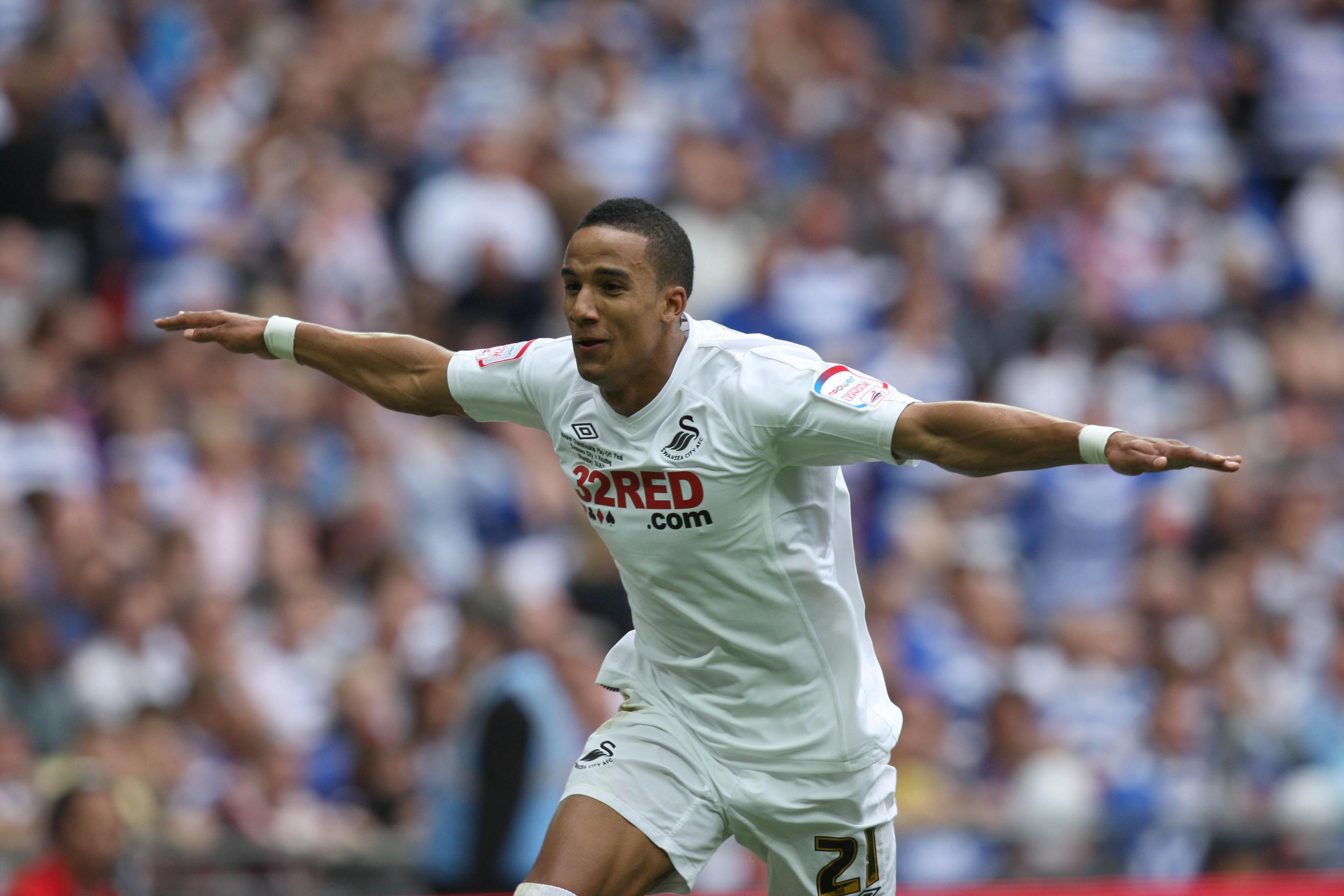 Scott Sinclair celebrates scoring for Swansea