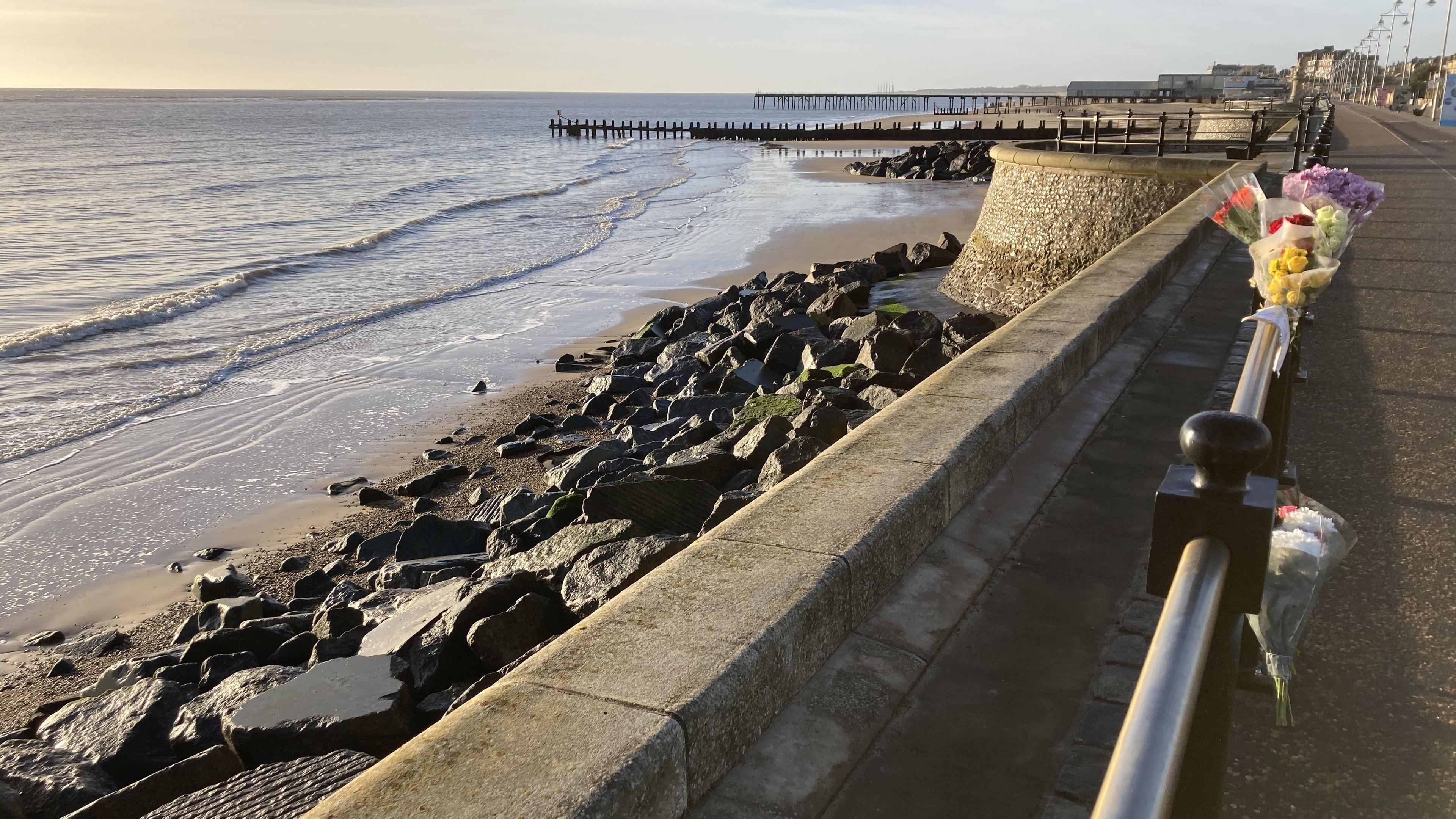 Wide image showing sea wall and rocks at Lowestoft seafront