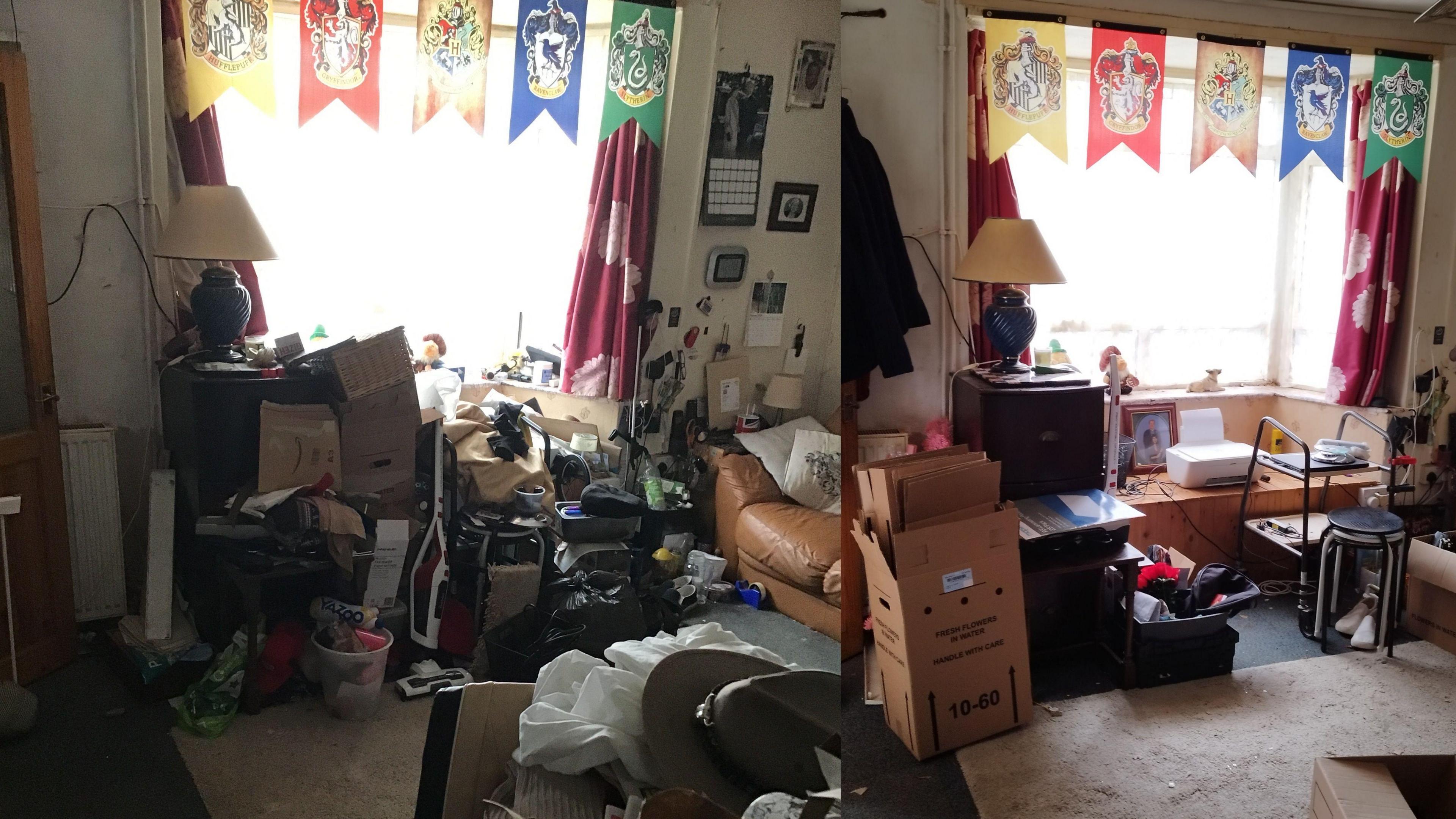 A before and after image of a living room which is cluttered and piled with items in the first image and clear in the second