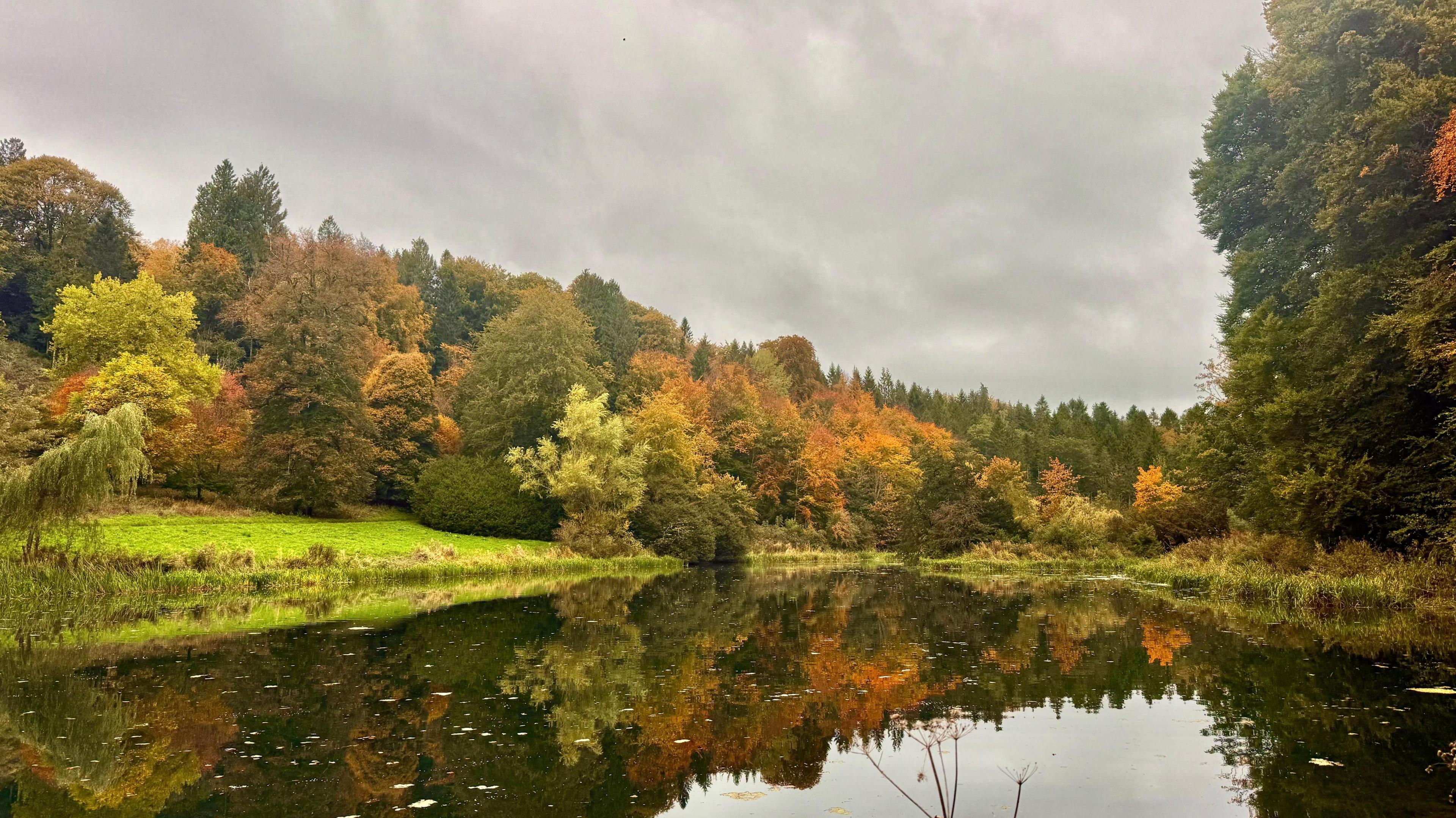A dark lake reflects the browning rainbow of trees around it on a cloudy autumn day in the Cotswolds