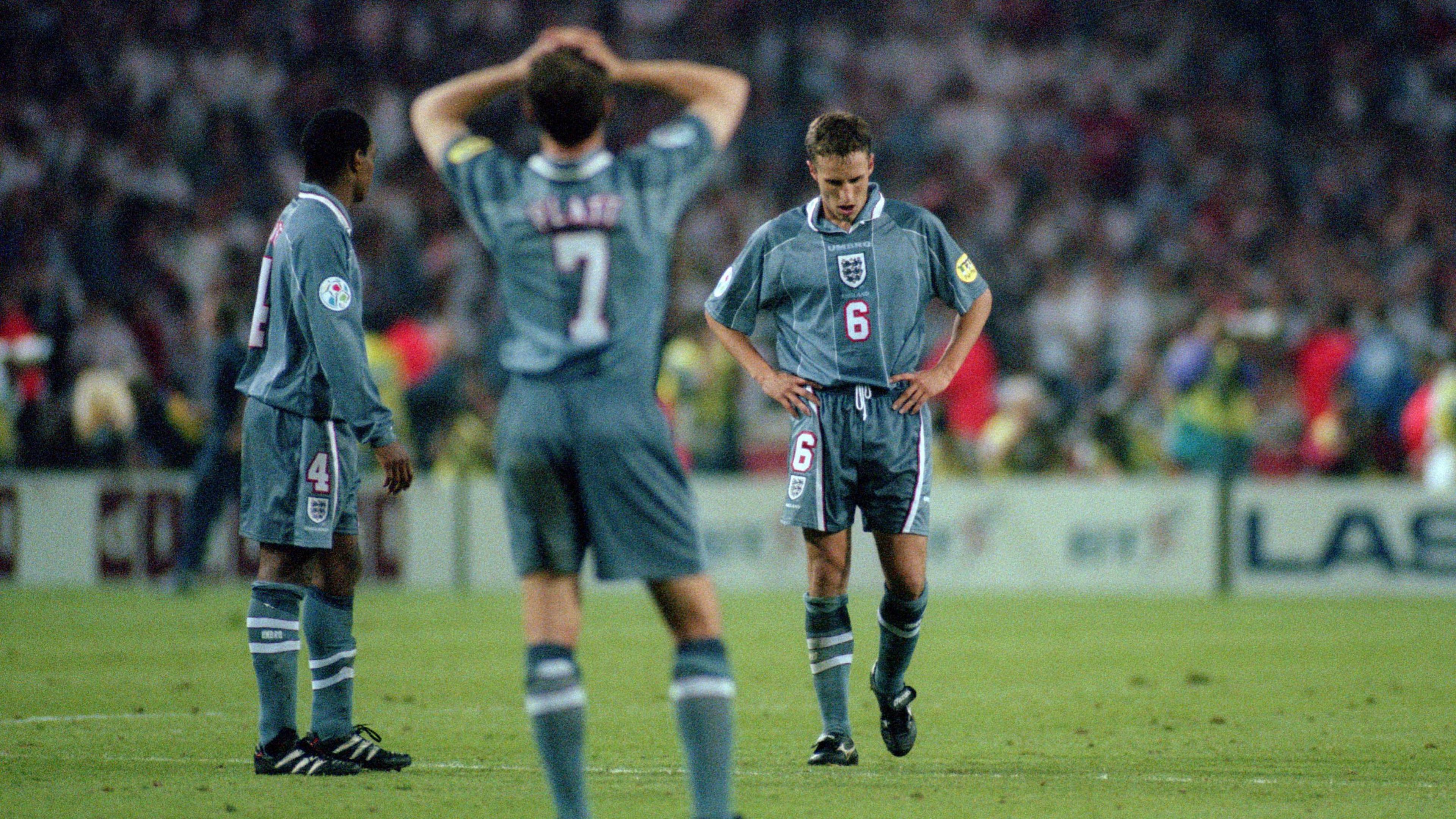 Gareth Southgate looks sad after missing his penalty at Euro 1996