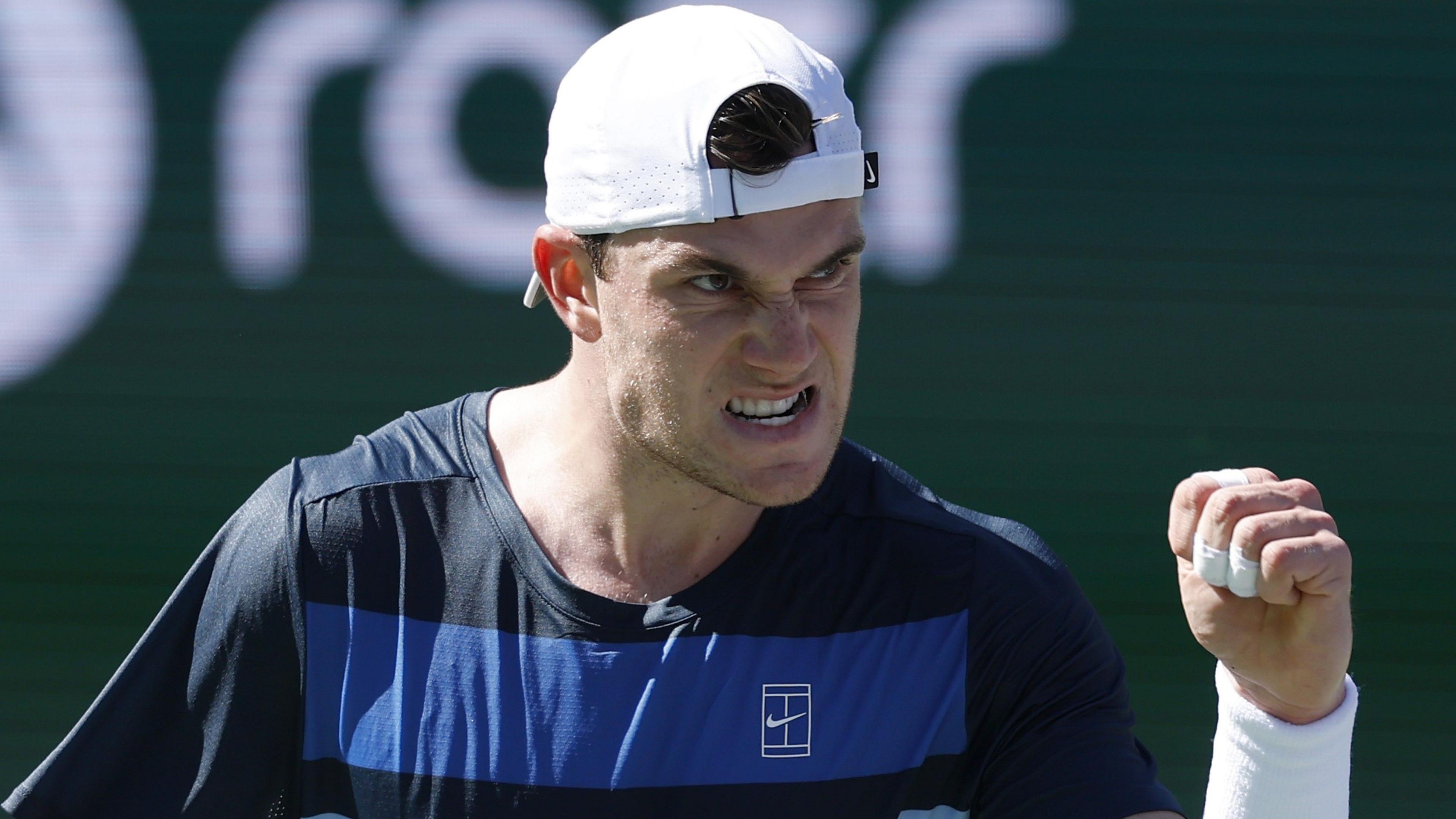 Jack Draper celebrates a point against Jenson Brooksby at Indian Wells