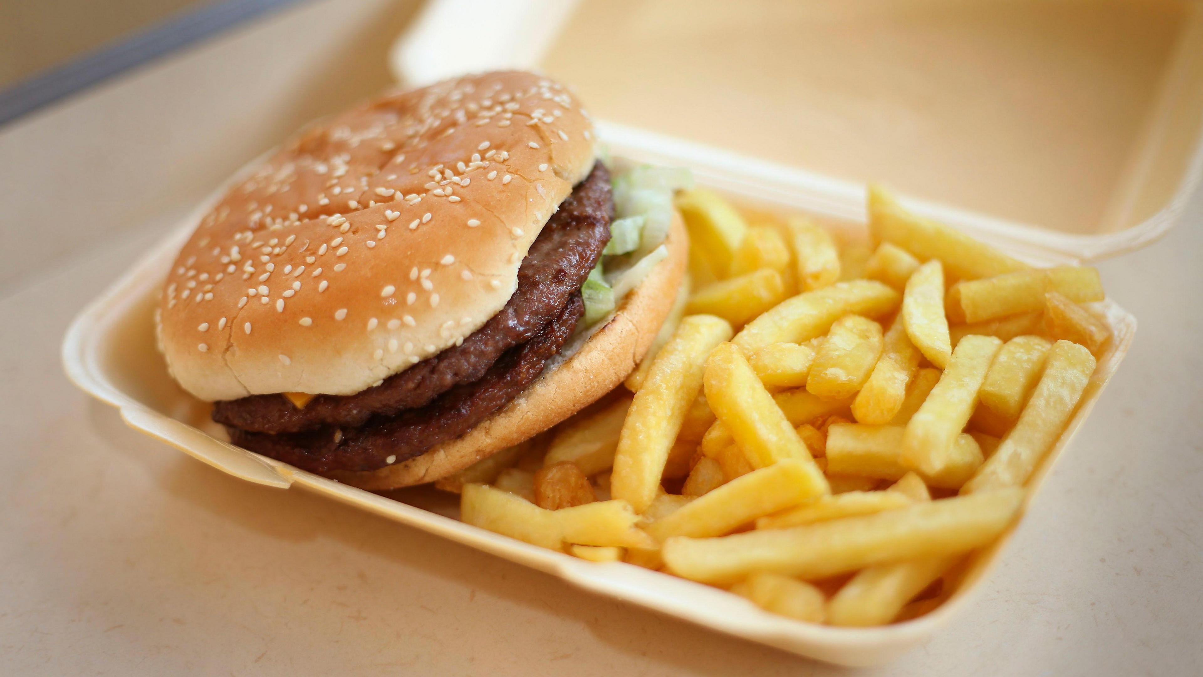 Picture of a double cheeseburger with lettuce and fries in a polystyrene takeaway box