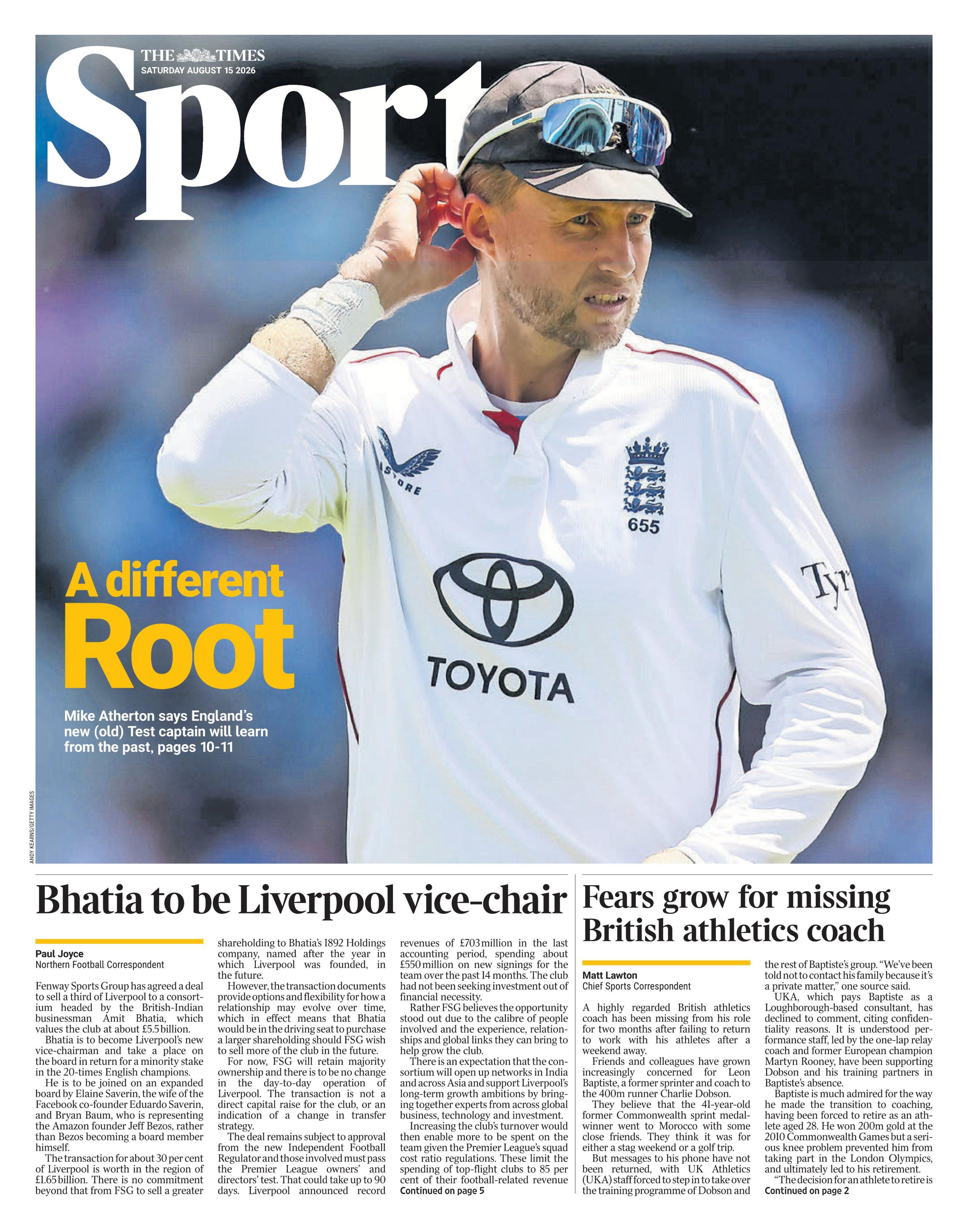 Lead sport page of the Times on 15 August 2026