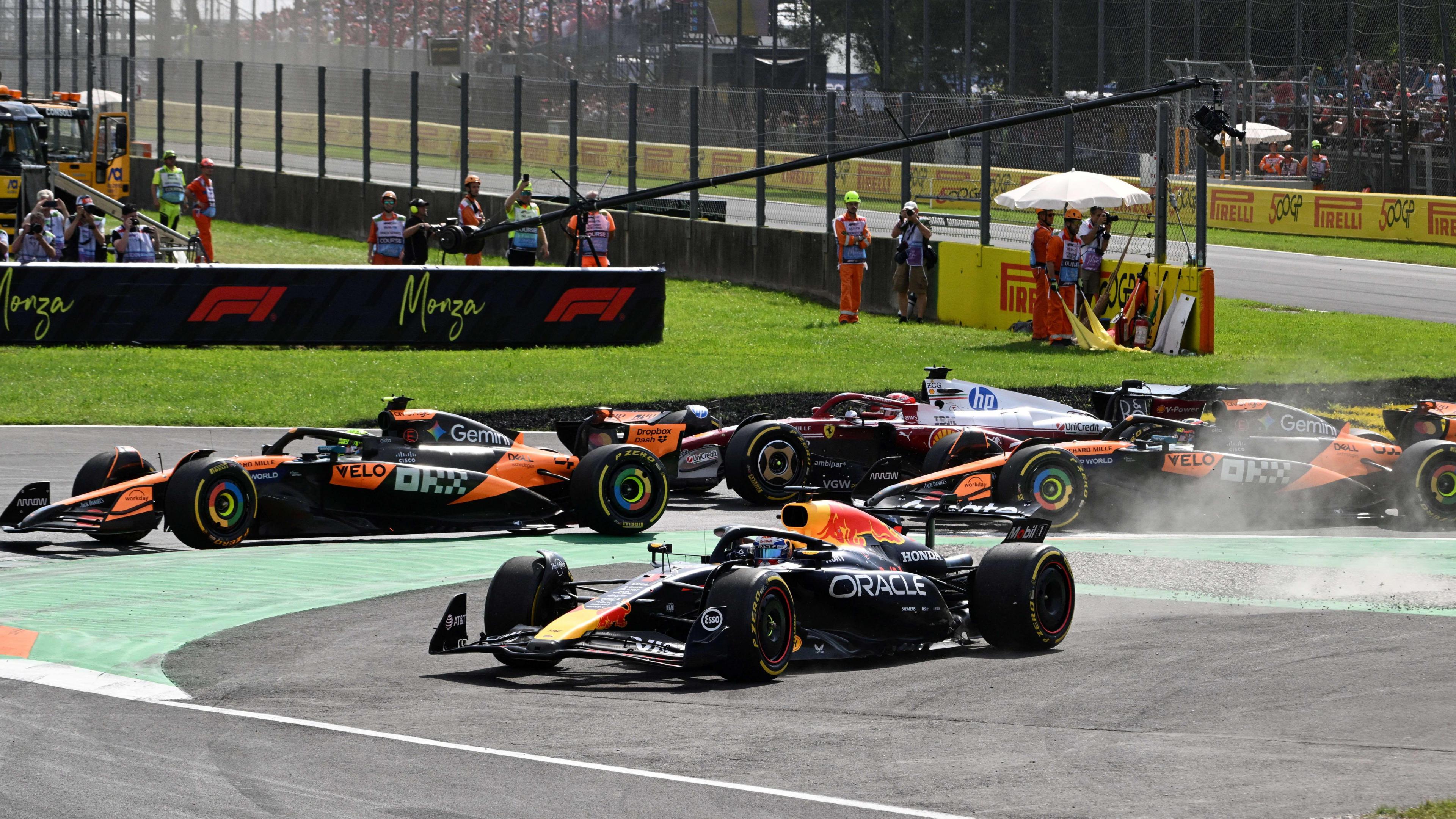 Red Bull's Max Verstappen cuts the chicane going into the first corner of the Italian Grand Prix
