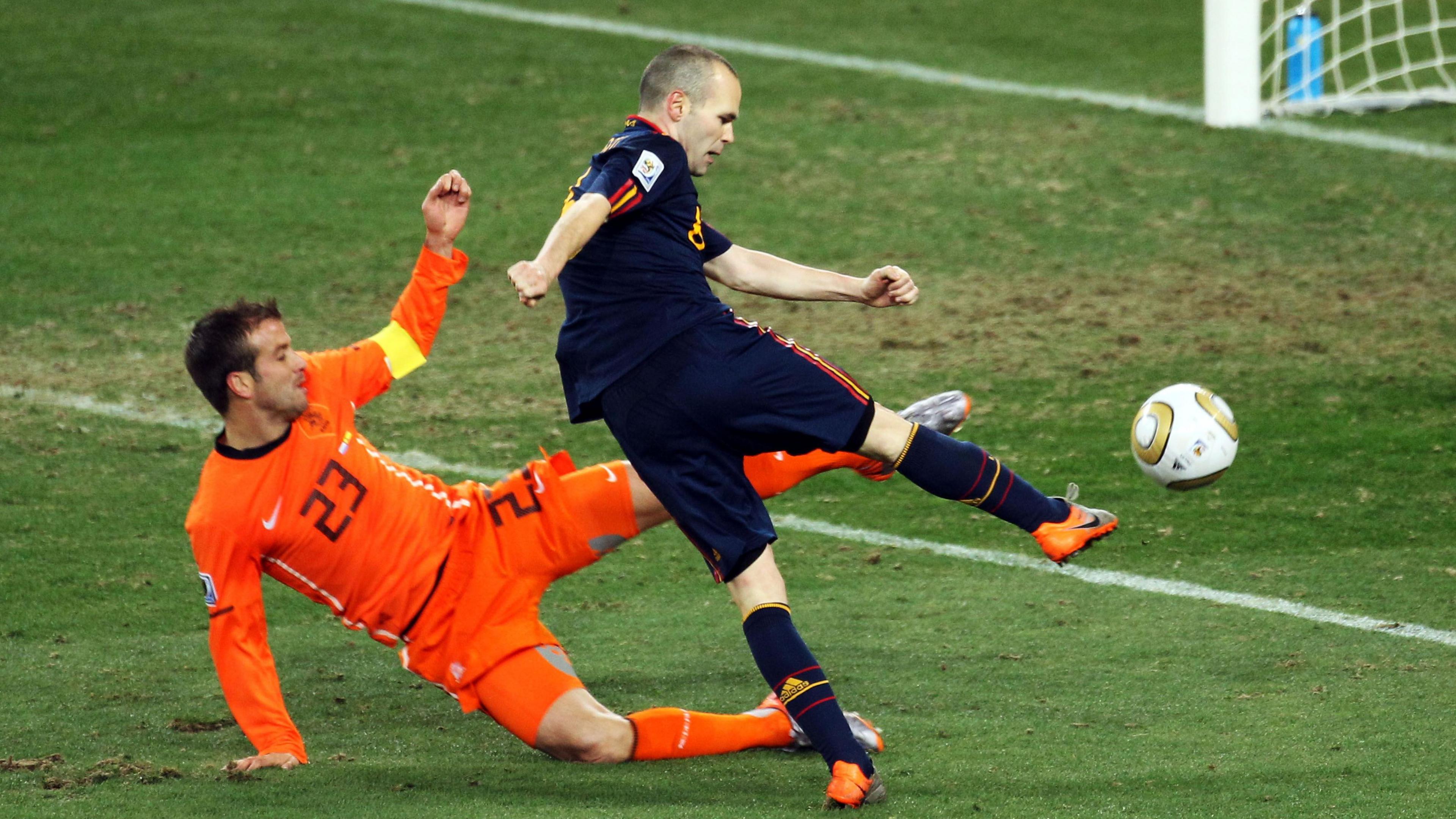 Spain's Andres Iniesta scores against the Netherlands