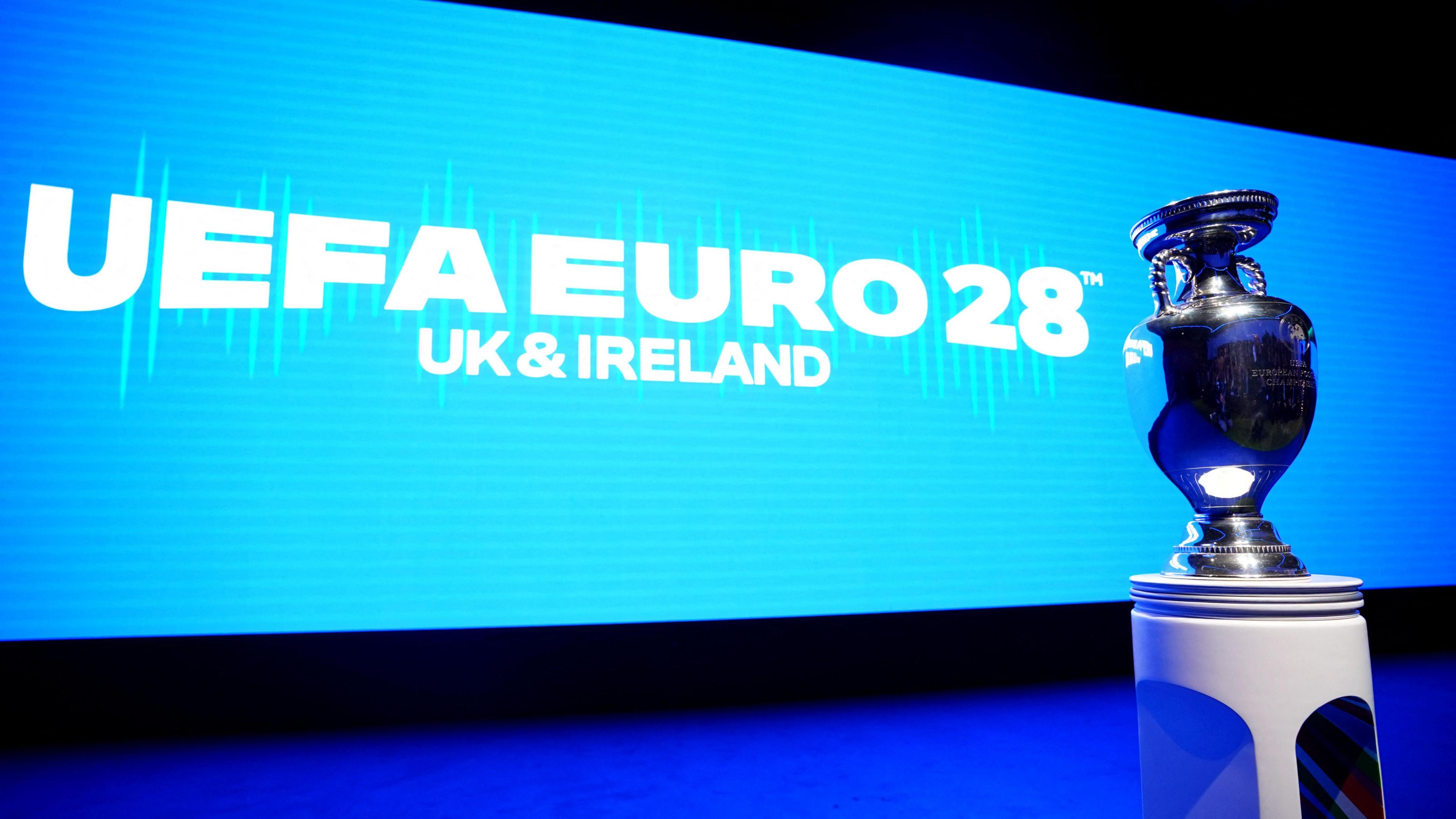 The Euro trophy, the Henri Delaunay Cup, is pictured at the launch event for Euro 2028