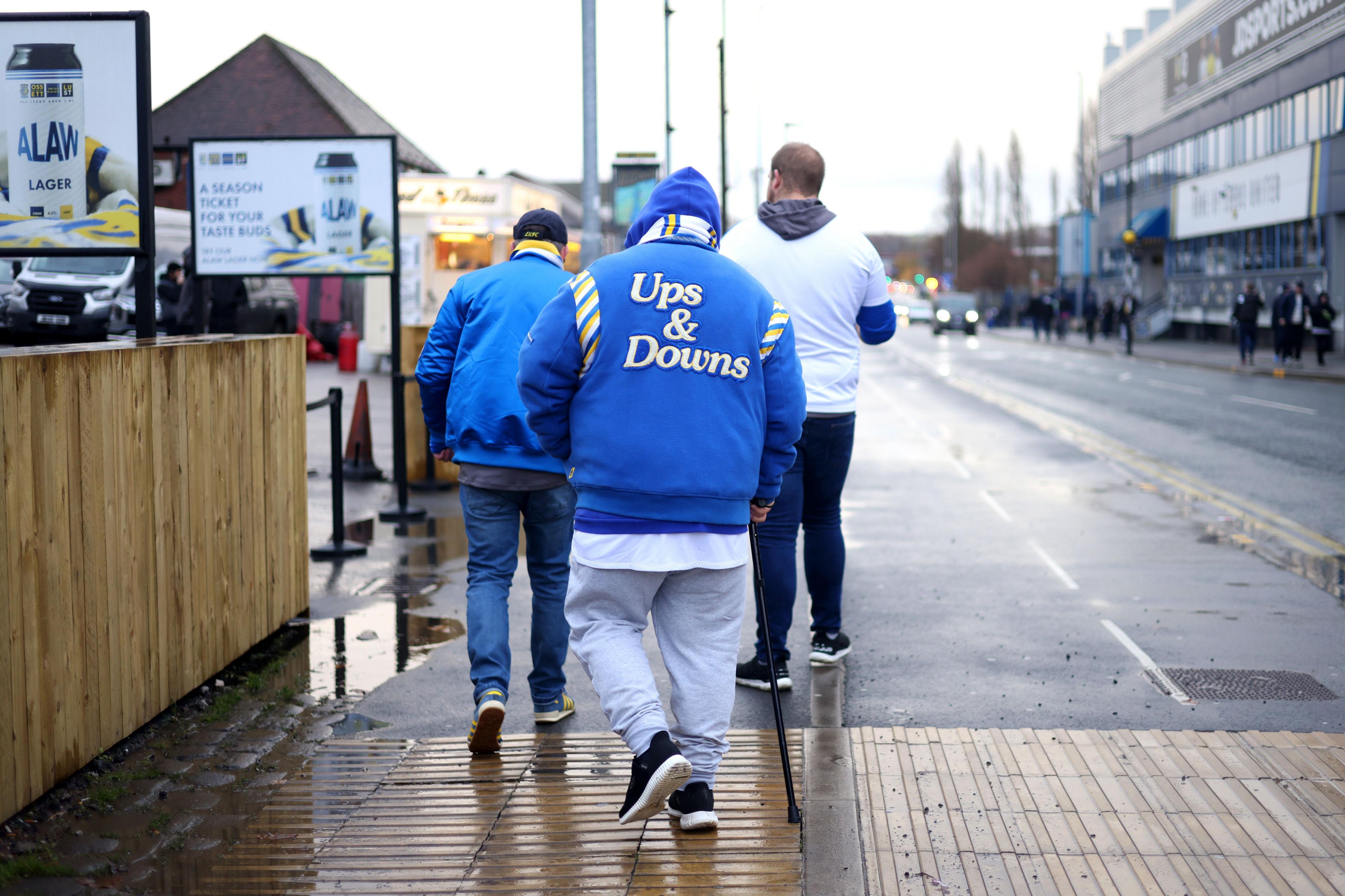 Leeds United fans arrive prior to the Championship match against Derby County at Elland Road