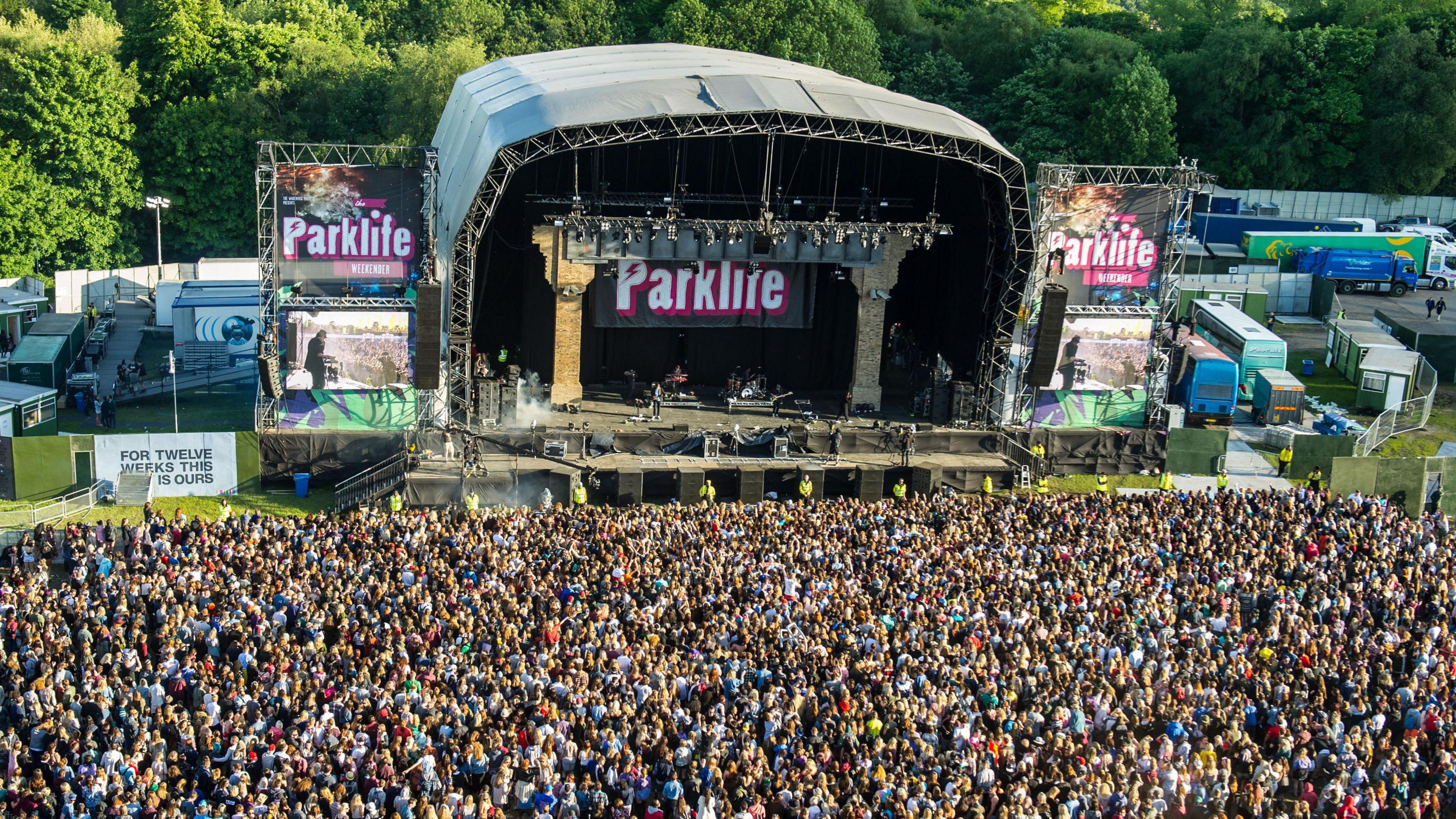 Thousands of spectators watch a gig on stage