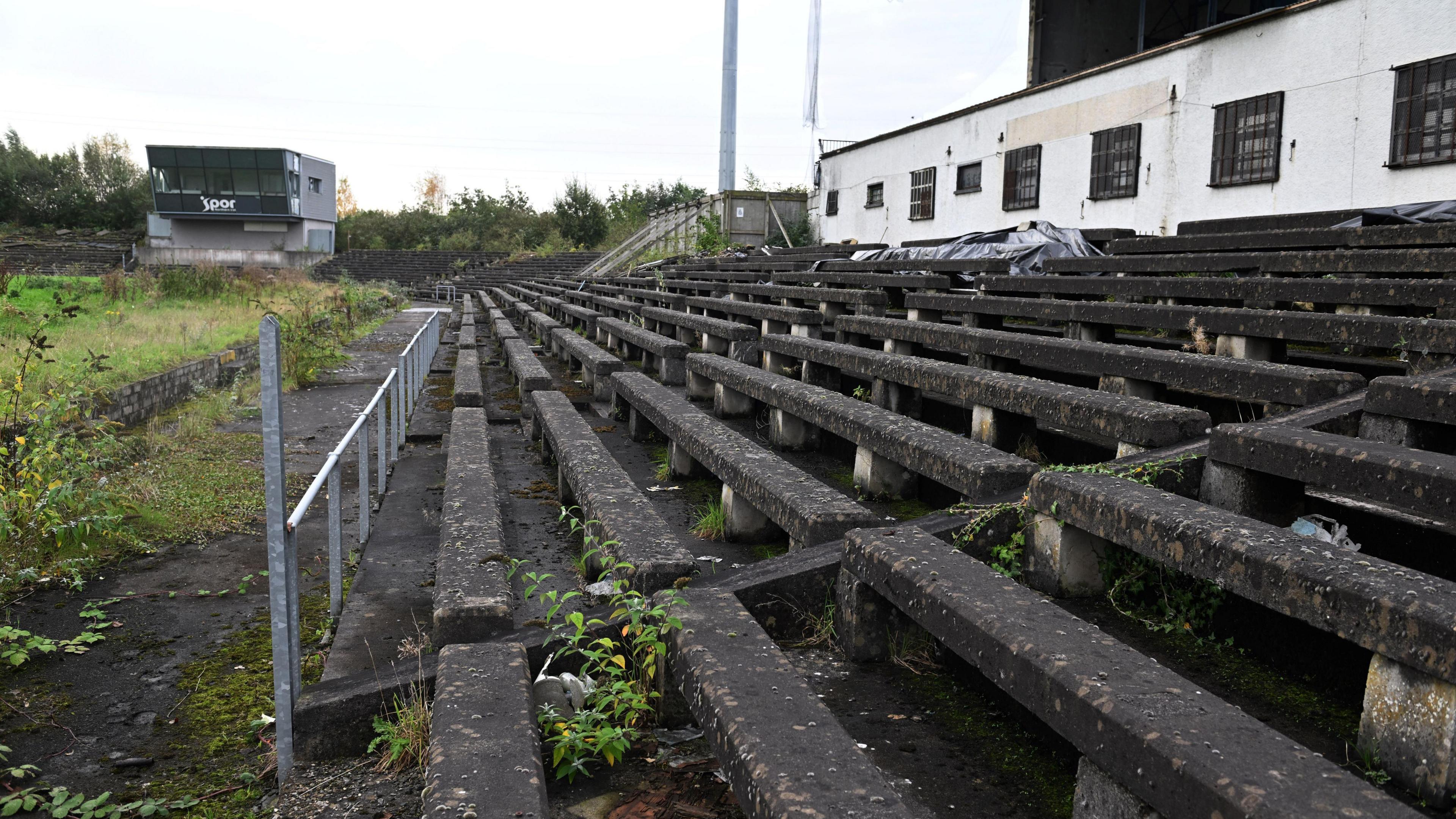 A close-up of the old concrete terraces of Casement, with weeds growing between them. A white building is behind them on the right of the picture and another empty grey two-storey building is on the left.