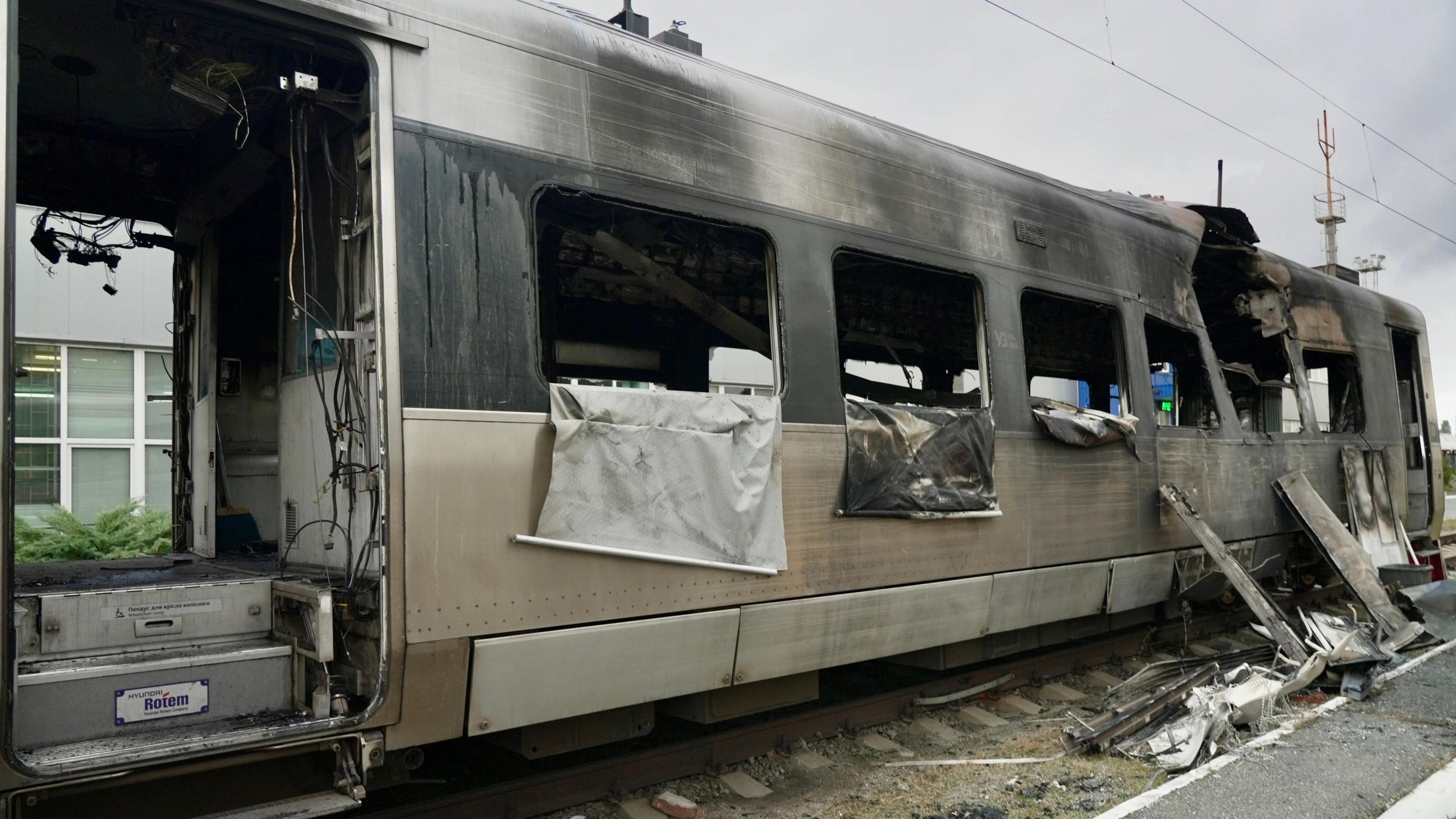 A damaged Intercity Ukrainian train sat in a station